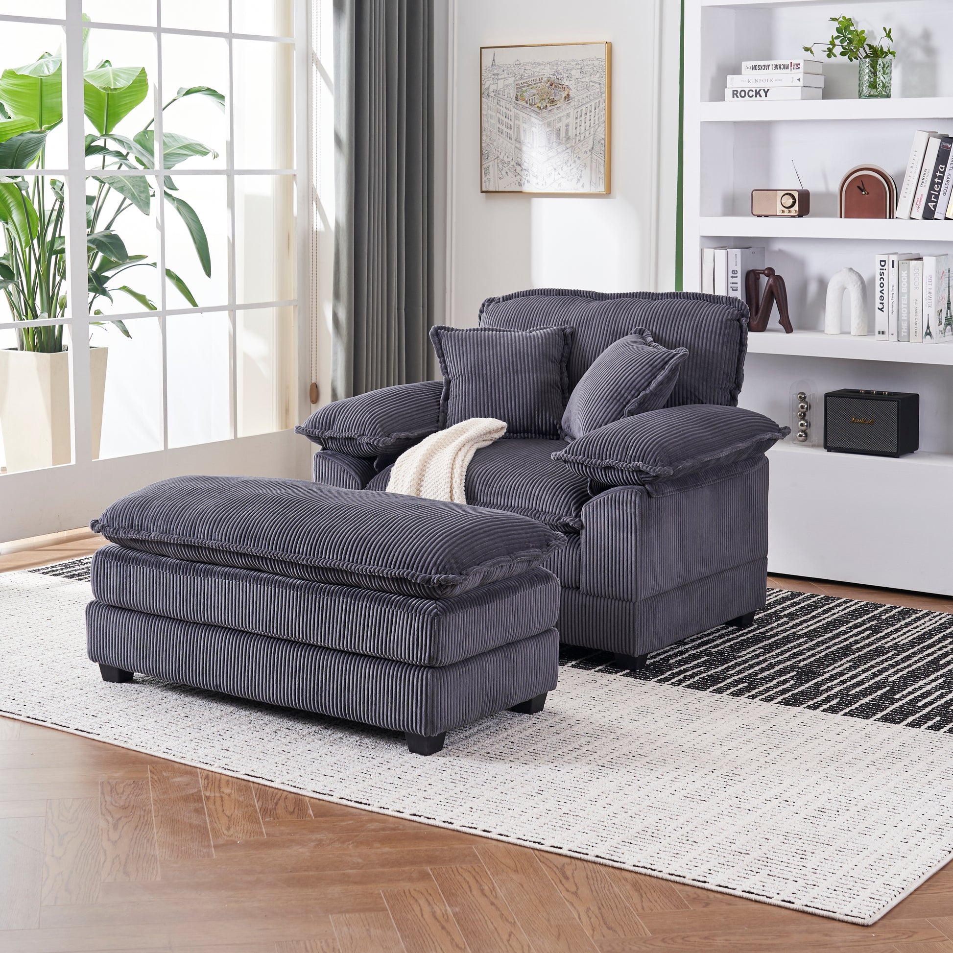 56.3 Inch Corduroy Single Sofa With 2 Toss Pillows And A Ottoman ,Comfy Sofa Deep Seat Couch For Living Room Grey Foam 1 Seat