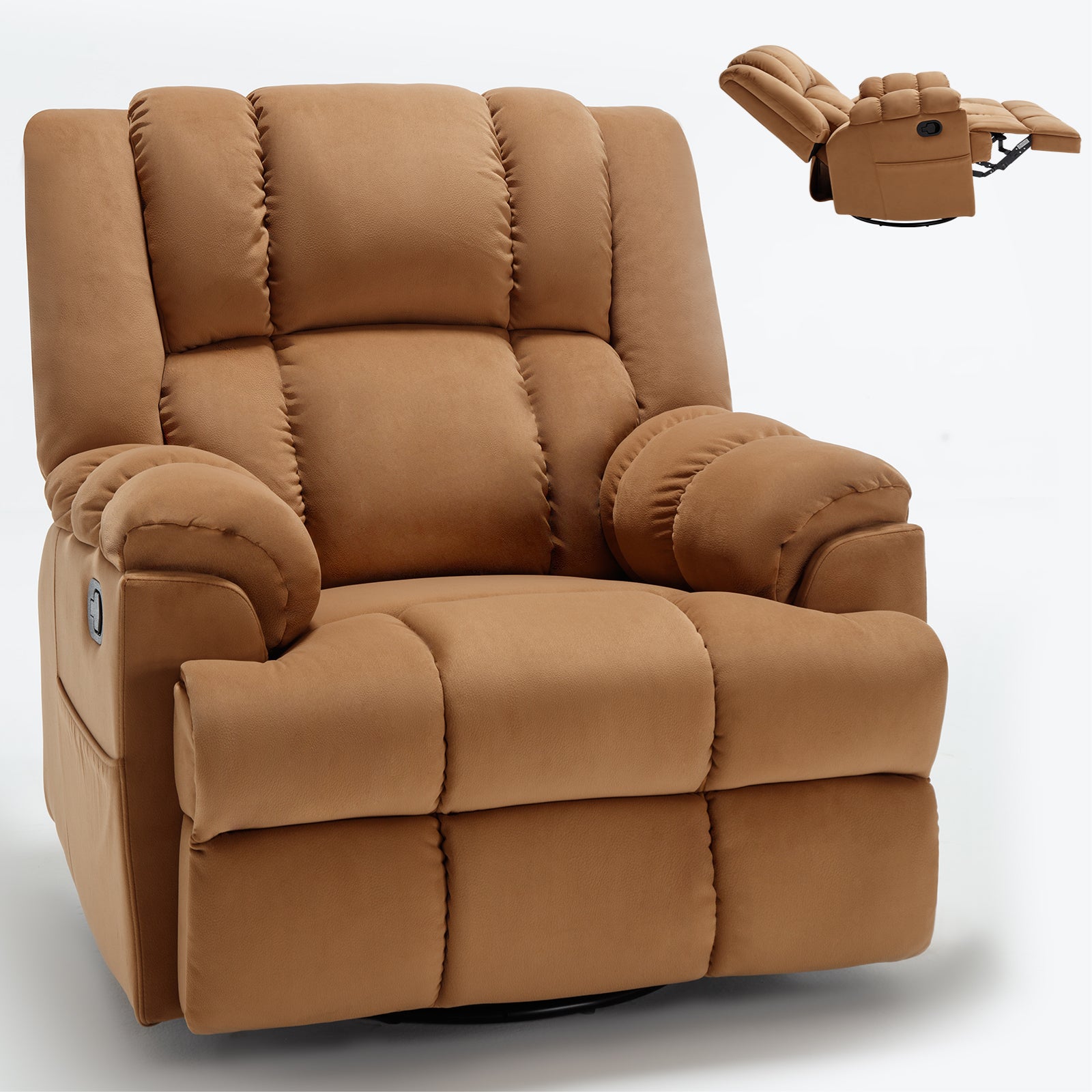 Manual Recliner Chair With Rocker And Swivel In Fabric For Living Room, Beige Beige Polyester Manual Handle Metal Primary Living Space Medium Firm Cushion Back Heavy Duty American Design Pine Pillow Top Arms Fiber Foam And Polyester Fiber Pad Fabric