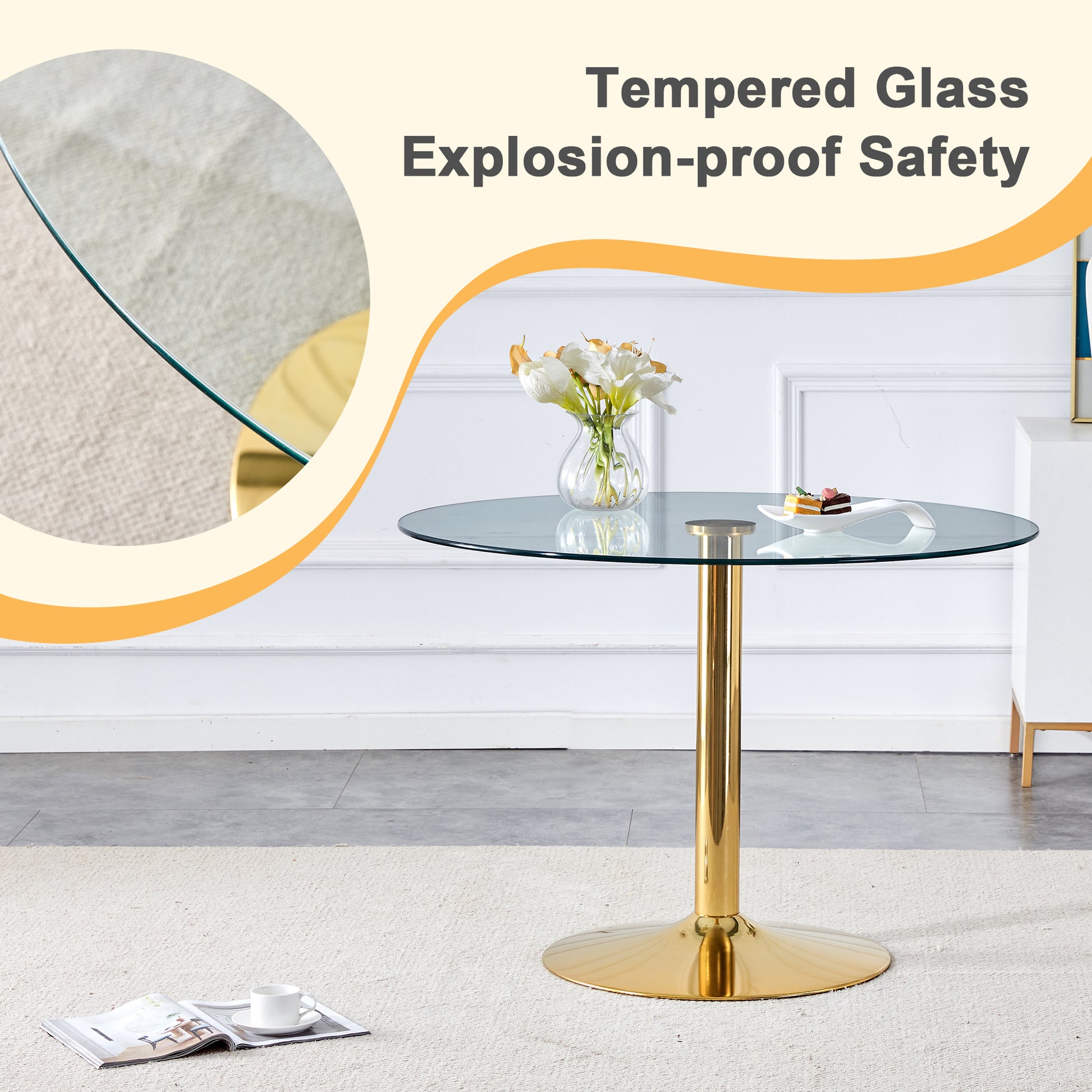 A 42 Inch Diameter Glass Top And A Modern, Minimalist Round Dining Table With Gold Metal Legs. Ideal For Dining Rooms, Living Rooms And Meeting Rooms. Model: Dt 1166 Gold Glass Metal