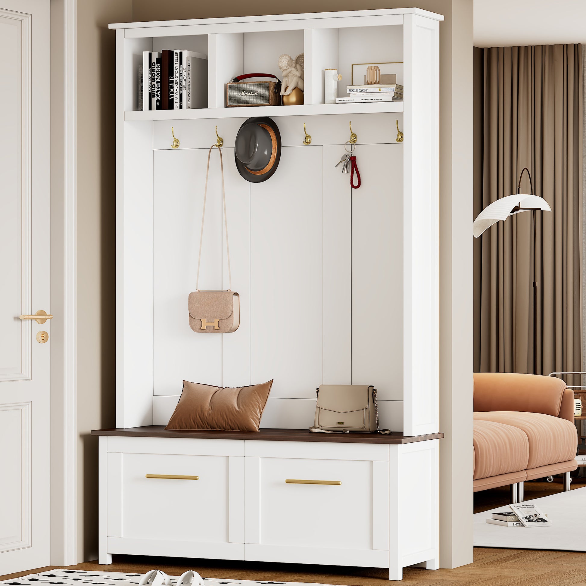 Versatile 4 In 1 Hall Tree With 6 Golden Hooks, Brown Wood Grain Bench With Multiple Storage Space, Entryway Coat Rack With 2 Drawers For Living Room, Hallway, White, 47.2''W*76.6''H White Primary