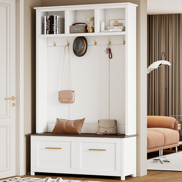 Versatile 4 In 1 Hall Tree With 6 Golden Hooks, Brown Wood Grain Bench With Multiple Storage Space, Entryway Coat Rack With 2 Drawers For Living Room, Hallway, White, 47.2''W*76.6''H White Primary