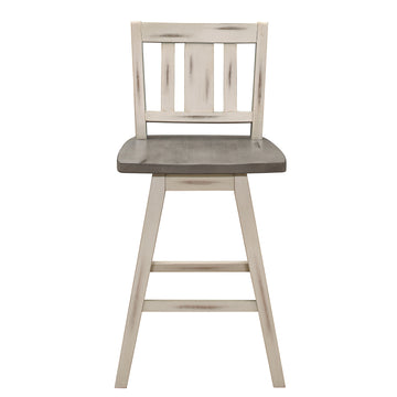 Counter Height Chairs Set Of 2, White Gray 360 Degree Swivel Chair Solid Rubberwood Kitchen Dining Furniture, Vertical Slat Back White Gray Dining Room Rustic Slat Back Solid Wood