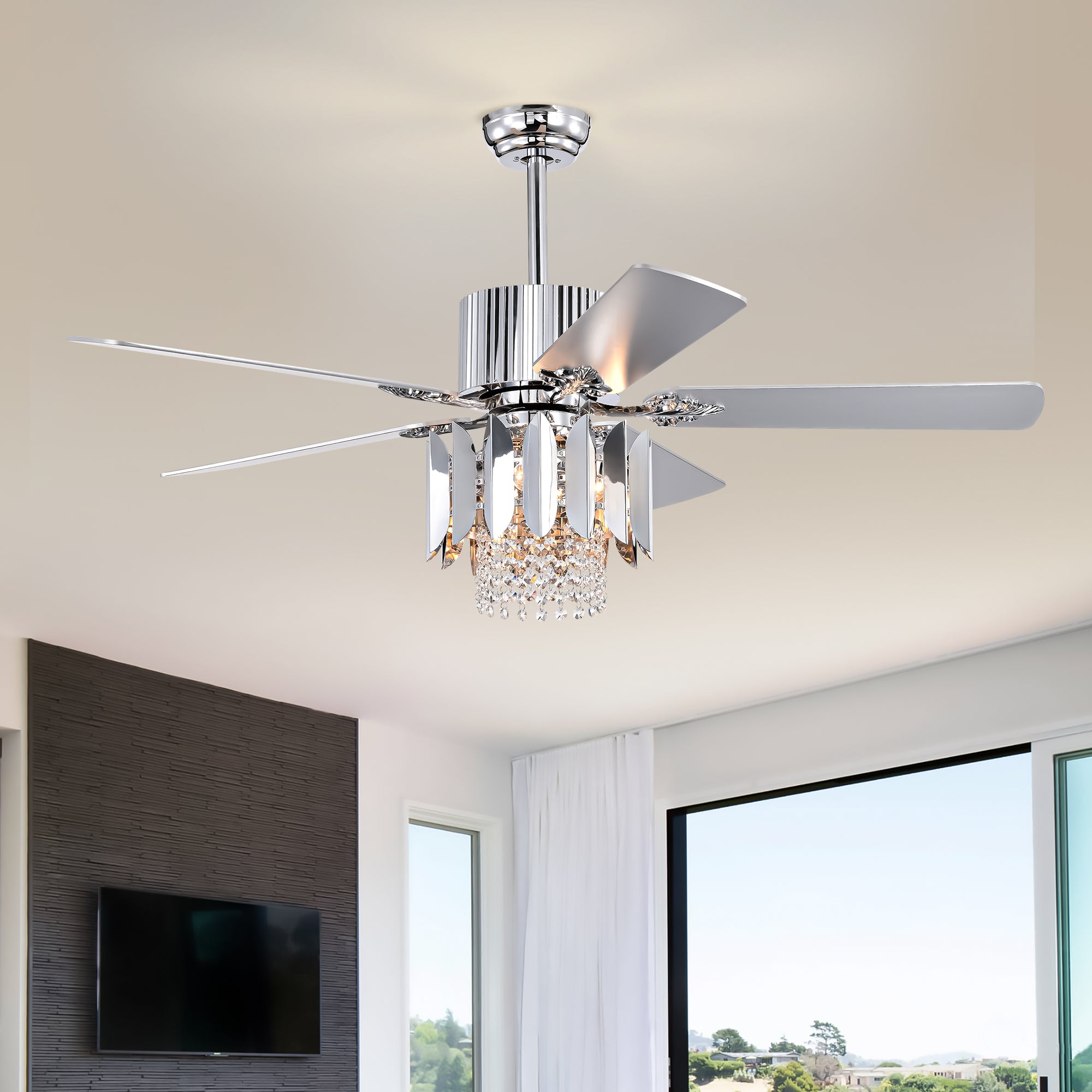 Crystal Ceiling Fan Reversible Blades 3 Wind Speeds Remote Control For Bedroom Living Dining Room Chrome Chrome American Design,American Traditional,Retro,Traditional,Vintage Crystal Iron