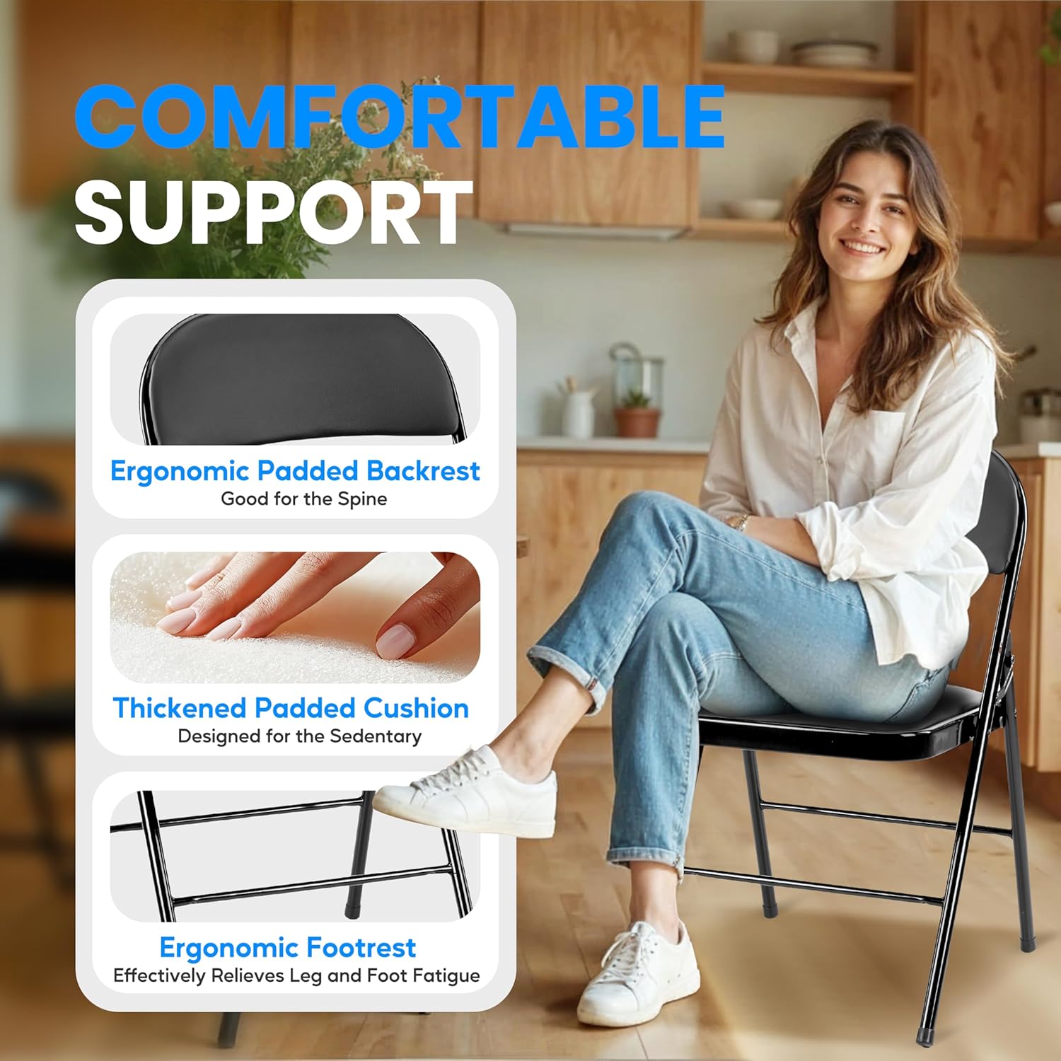 4 Pack Folding Chairs With Leather Padded Cushion Seats & Durable Metal Frame, Comfortable, Foldable, Portable, Commercial Event Seat, Indoor Outdoor For Parties, Home, Office, Black Black Leather