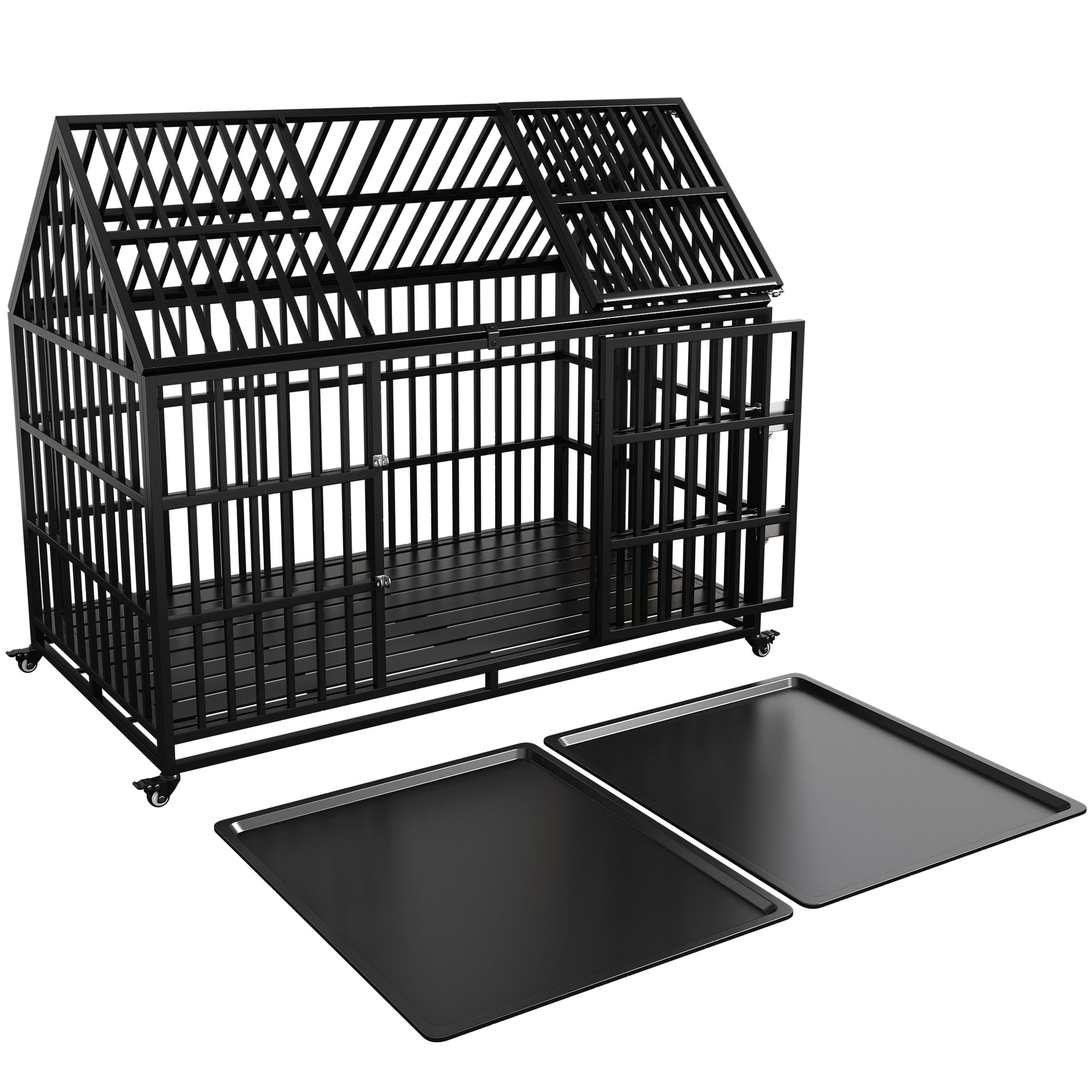 54" Heavy Duty Dog Crate Large Dog Cage Strong Metal Dog Kennels And Crates For Large Dogs Top Open With 2 Doors 4 Lockable Wheels 2 Removable Trays Black Outdoor Kennel Extra Large 71 90 Lbs Steel