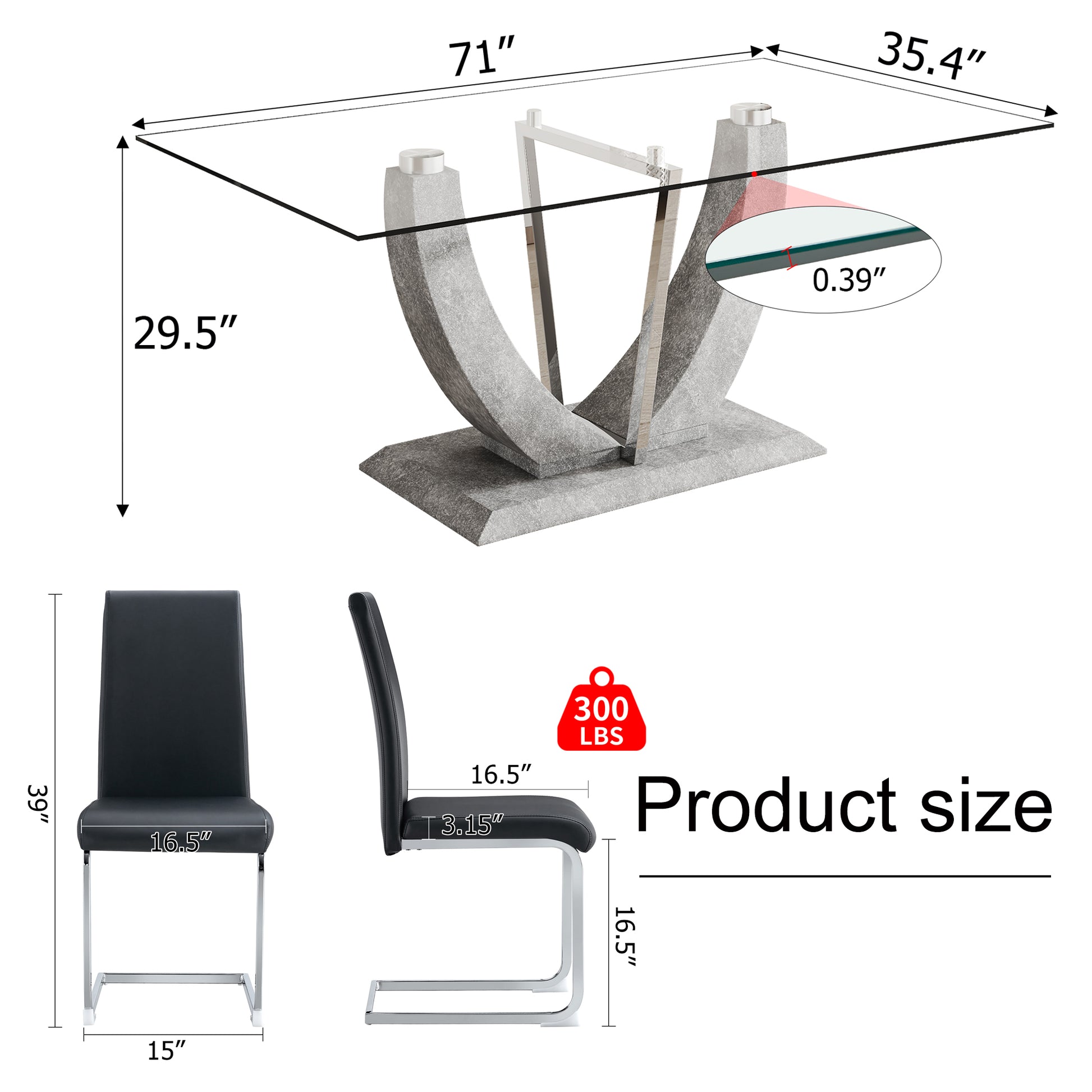 Table And Chair Set, Large Modern Rectangular Glass Table, Can Accommodate 6 8 People, Equipped With A 0.39 Inch Tempered Glass Tabletop And Large Mdf Table Legs, Comfortable And Soft Chairs. Transparent Mdf Glass