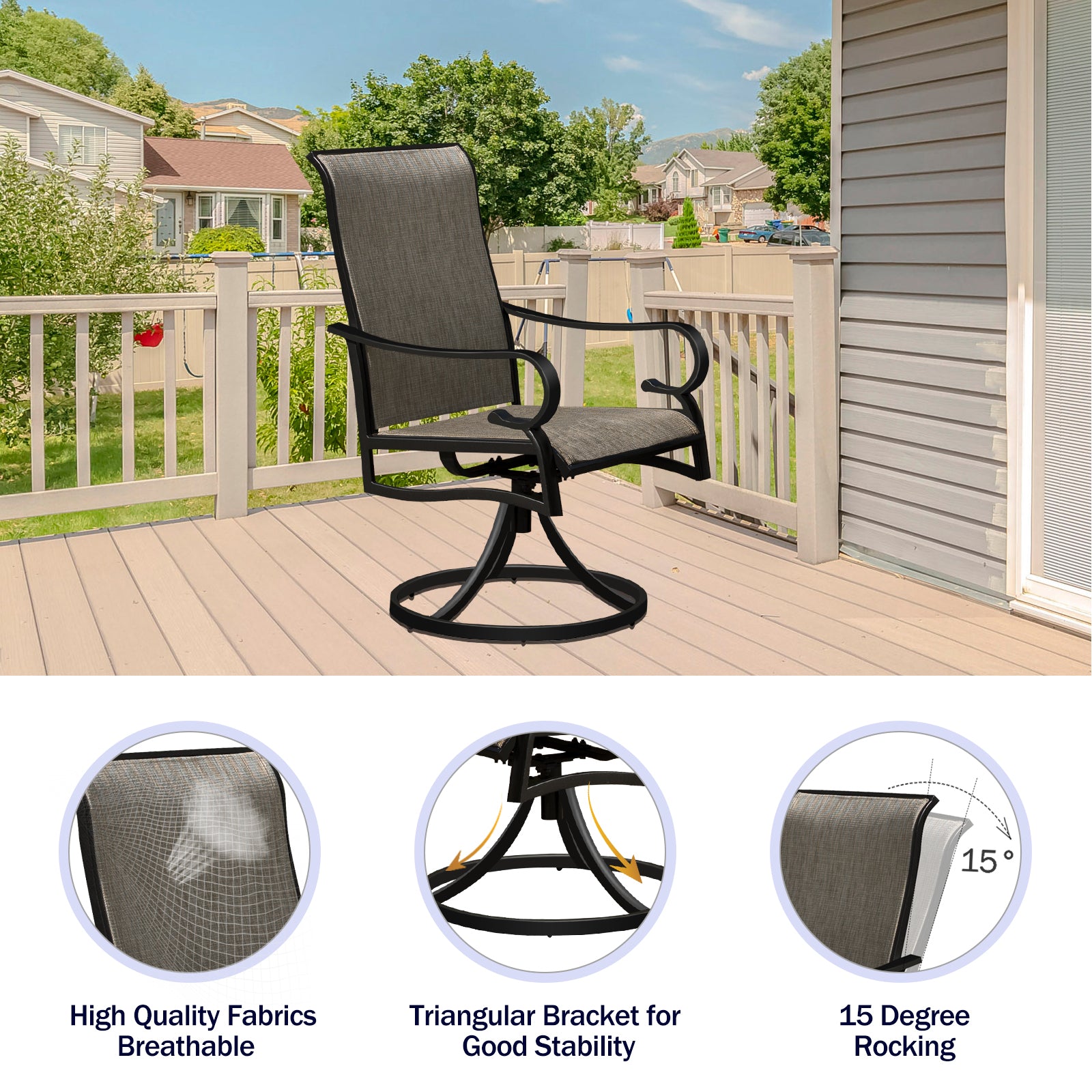 5 Piece Patio Dining Furniture Set, 4 Swivel Textilene Chairs & Table W 1.57" Umbrella Hole For Outdoor Garden Yard Porch Deck Dining Set Black Gray Seats 4 Garden & Outdoor Complete Patio Sets Iron