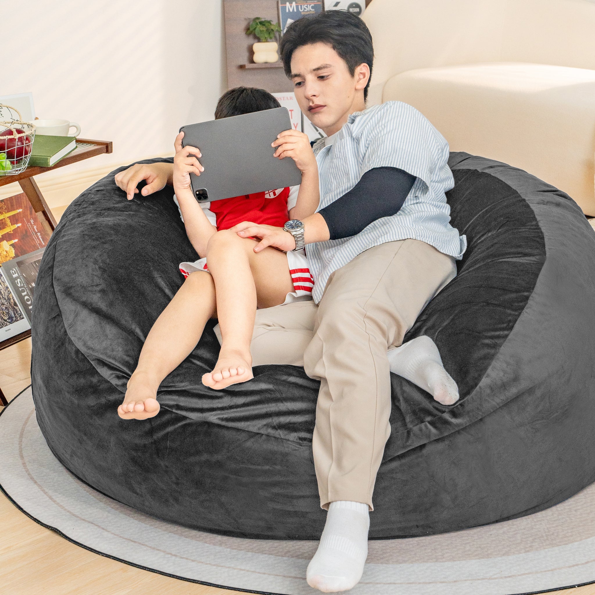 Bean Bag Chair: Giant 5' Memory Foam Furniture Bean Bag Chairs For Adults With Microfiber Cover 5Ft Gray Primary Living Space Soft Casual,Classic,Modern Foam Lychee Velvet