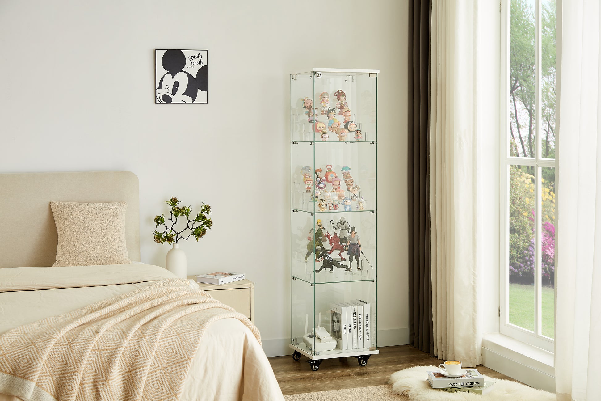 4 Tier Glass Display Cabinet, Single Door Glass Cabinet With Lock And Wheels, Floor Standing Storage Cabinet With 3 Acrylic Shelves For Living Room, Bedroom And Office, White, 15.8"L X 14.2"W X