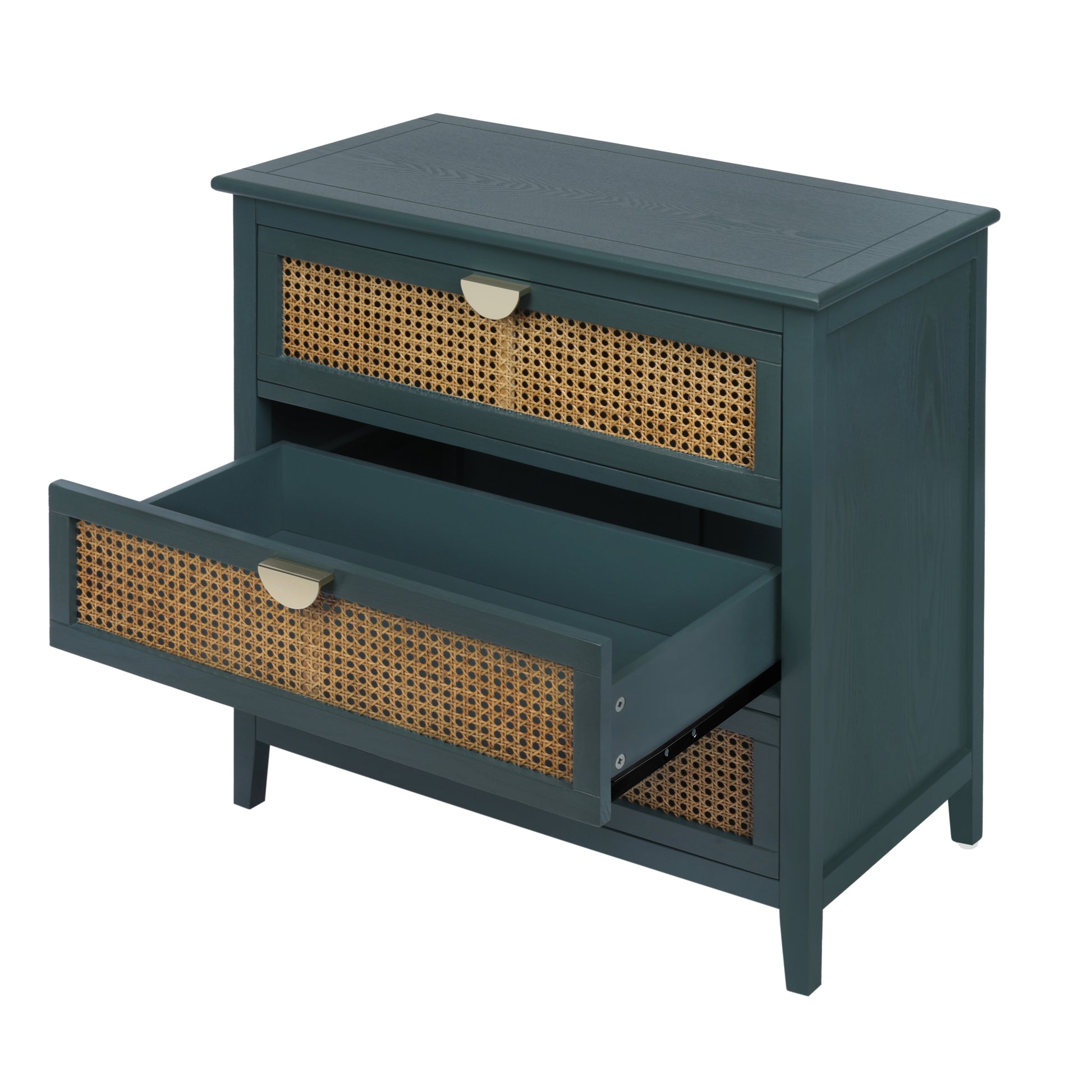 3 Drawer Cabinet,Natural Rattan,American Furniture,Suitable For Bedroom, Living Room, Study Green Mdf