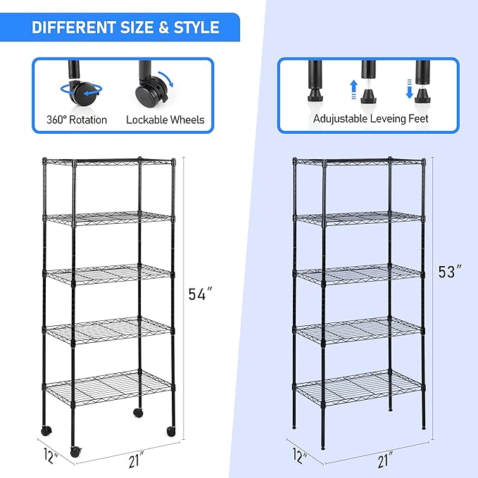 5 Tier Storage Shelves, 21" W X 12" D X 54" H Adjustable Heavy Duty Wire Metal Shelving Unit, Black Black Steel