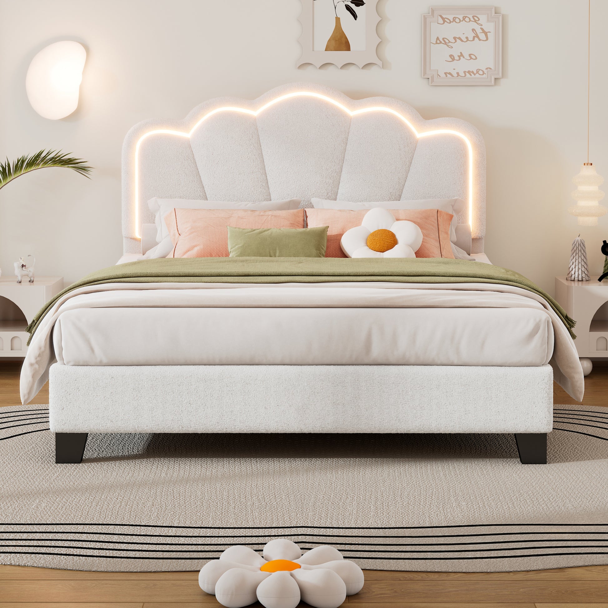 Full Size Upholstered Flower Shape Bed, Elegant Flowers Headboard With Led Light Strip, Sherpa Fabric Platform Bed With Wooden Slats Support, White Full White Wood