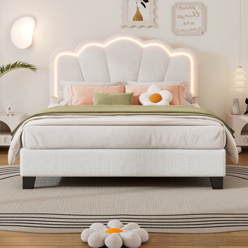 Full Size Upholstered Flower Shape Bed, Elegant Flowers Headboard With Led Light Strip, Sherpa Fabric Platform Bed With Wooden Slats Support, White Full White Wood