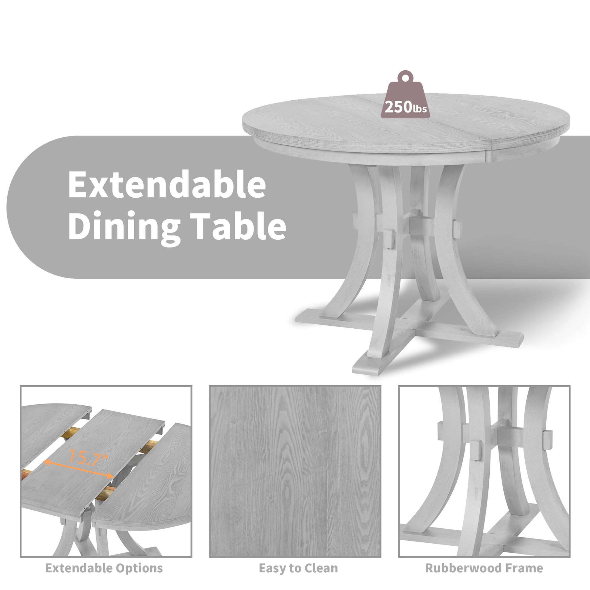 5 Piece Rustic Round Pedestal Extendable Dining Table Set With 15.7" Removable Leaf And Simple Dining Chirs For Small Places, Gray Gray Wood Dining Room Extendable Rubberwood Oval Dining Table With Chair Wood Wood Gray Seats 4 Removable Leaf Farmhouse