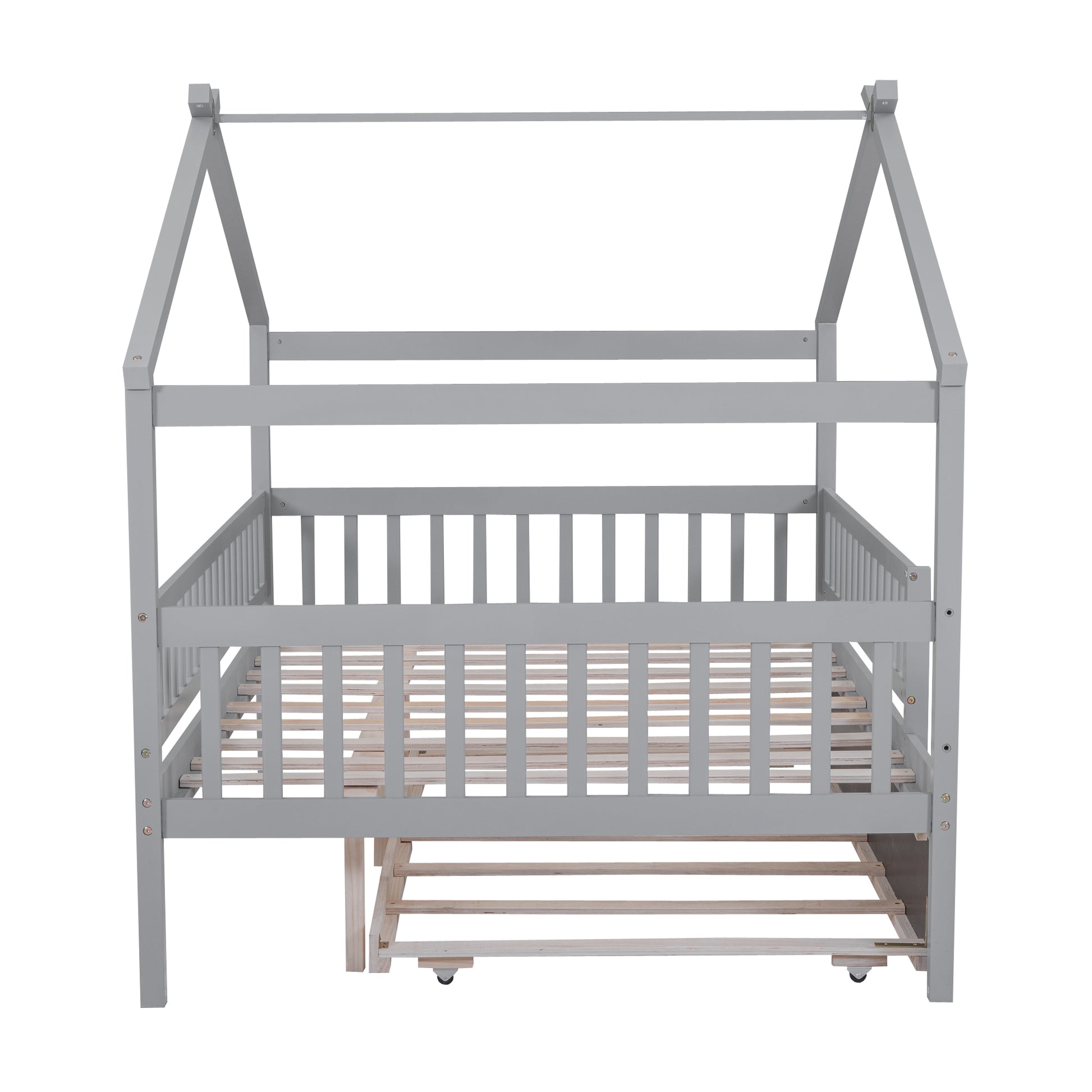 Full Size Wooden House Bed With Twin Size Trundle, Gray Full Gray Solid Wood Mdf