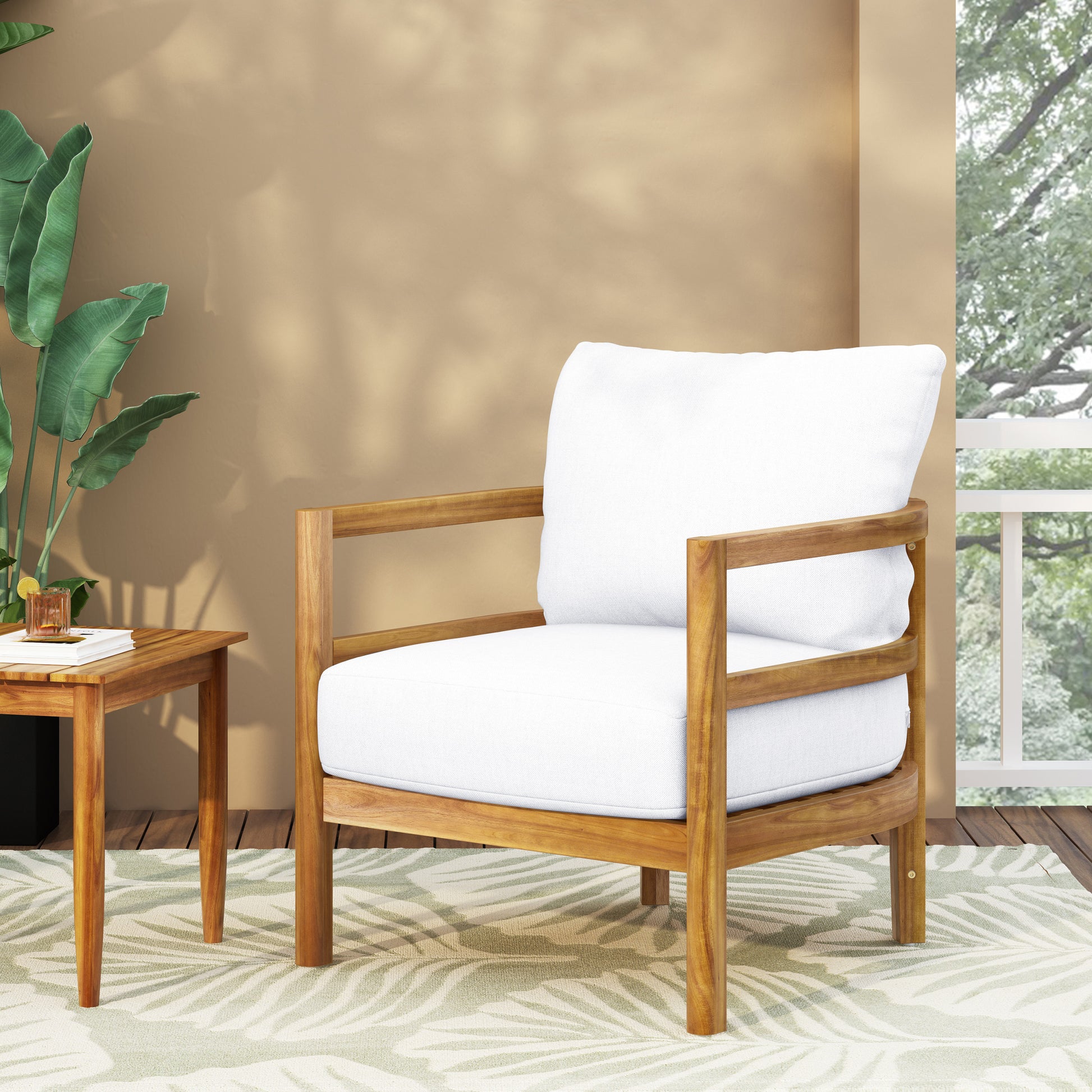 Outdoor Acacia Wood Patio Club Chair, Wood Patio Furniture,Waterproof Thick Cushion Deep Seating For Porch, Garden, Backyard, Balcony, Weight Capacity 400Lbs, Light Teak Finish, White Yes Deep Seating White Garden & Outdoor Foam Acacia Wood