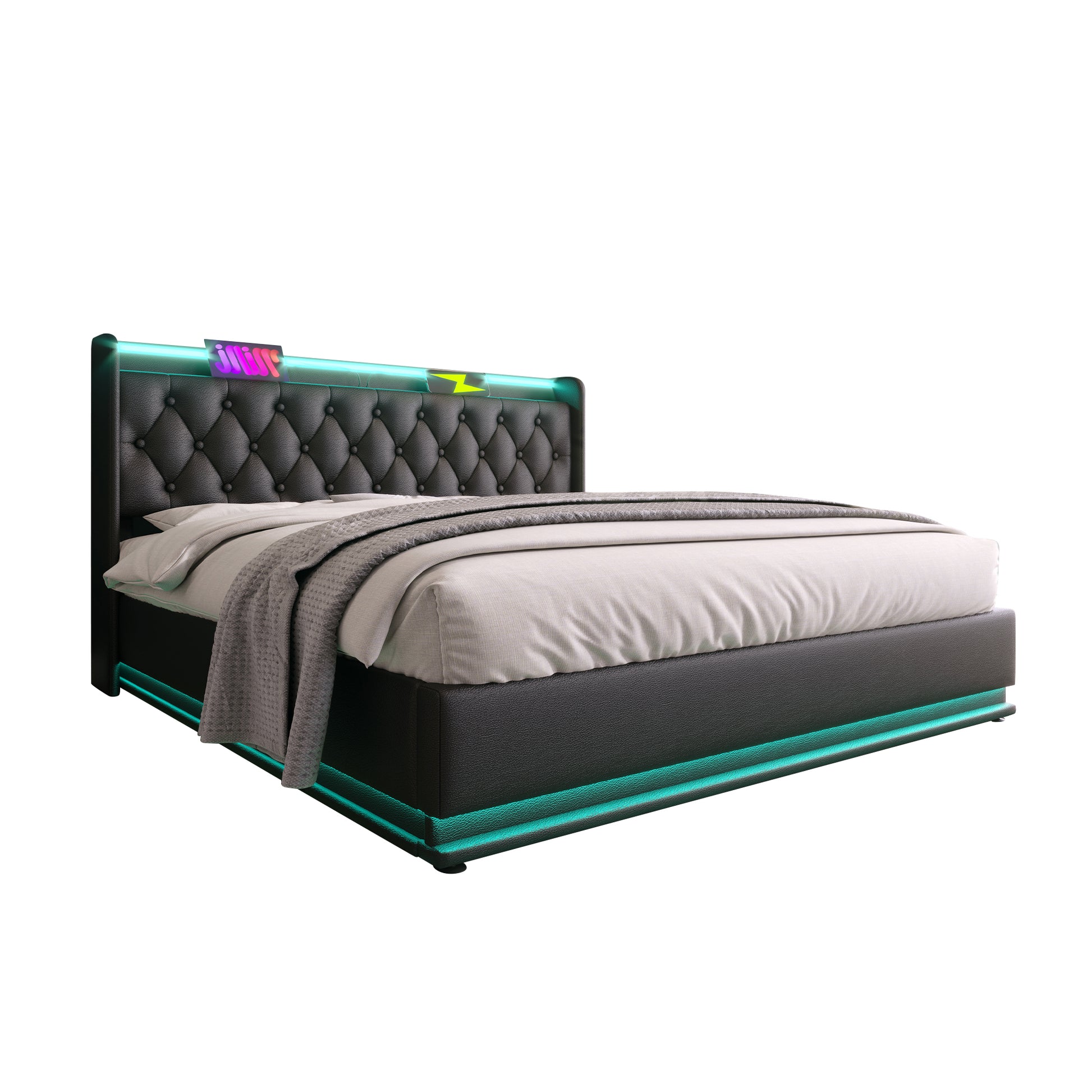 Full Size Upholstered Bed, 360 Surround Led Function, Buttons Apps Remote Control, Hydraulic Storage Bed With Usb Type C Charging, Black,Pu Without Mattress Full Black Pu