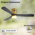 52 Inch Flush Mount With 3 Solid Wood Blades Remote Control Reversible Dc Motor For Living Room Gold Metal & Wood