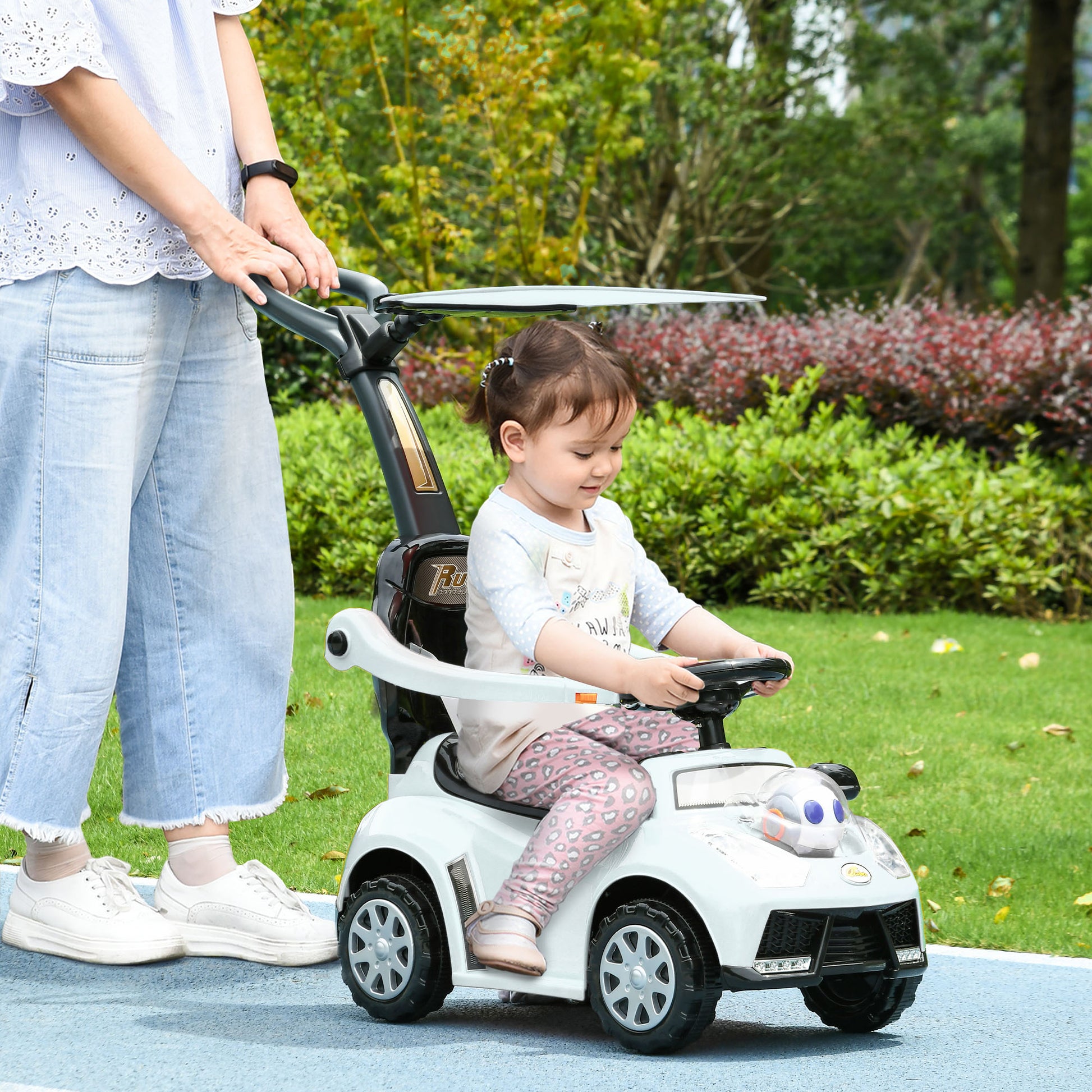 Qaba Push Car For Kids 1 3 Years, 3 In 1 Ride On Sliding Car, Foot To Floor Baby Push Car With Removable Handle, Music, Horn, Canopy, Safety Guardrail For Boys And Girls, White White Plastic