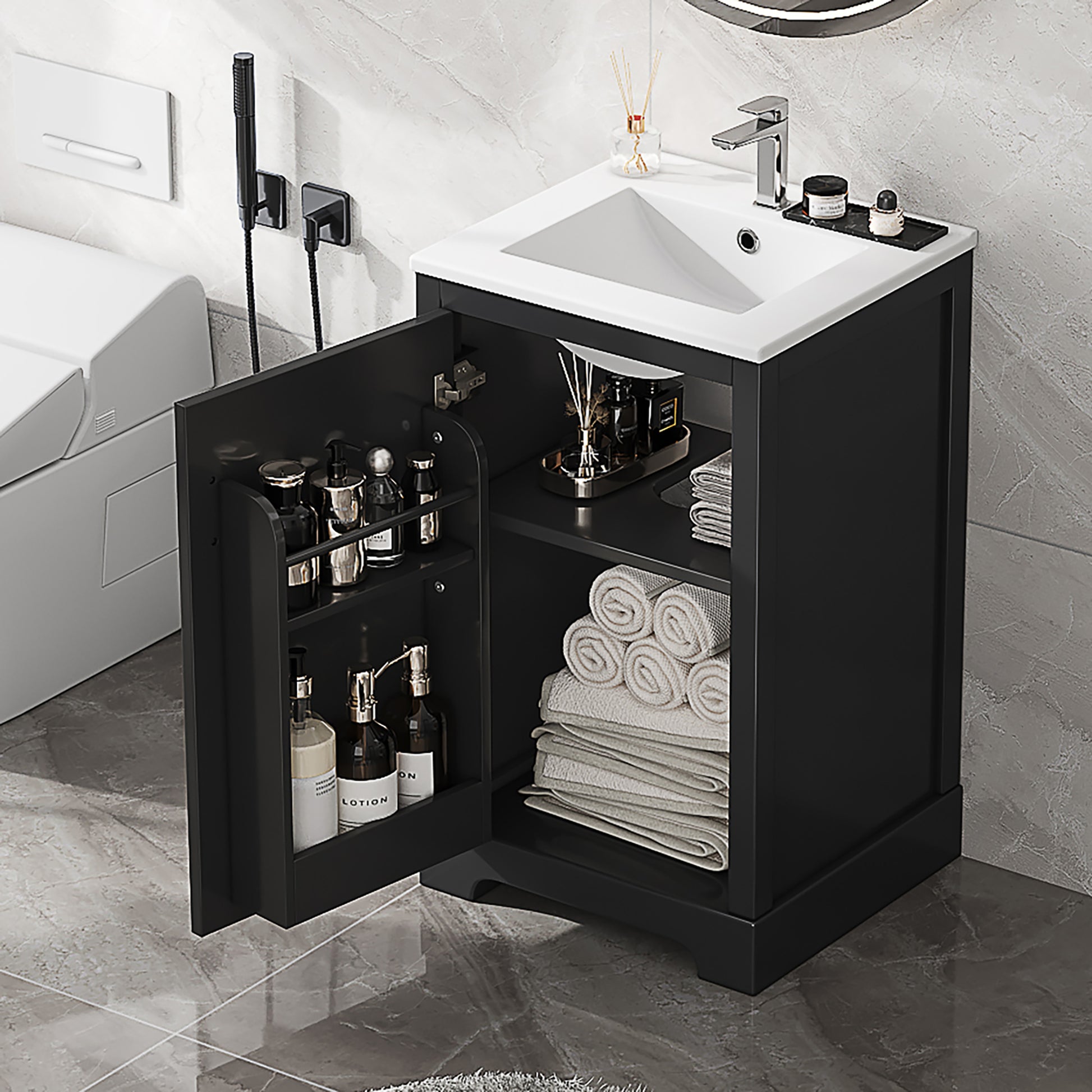 20" Bathroom Vanity With Sink, Bathroom Cabinet With Soft Closing Door, Storage Rack And Adjustable Shelve, Black Black Mdf