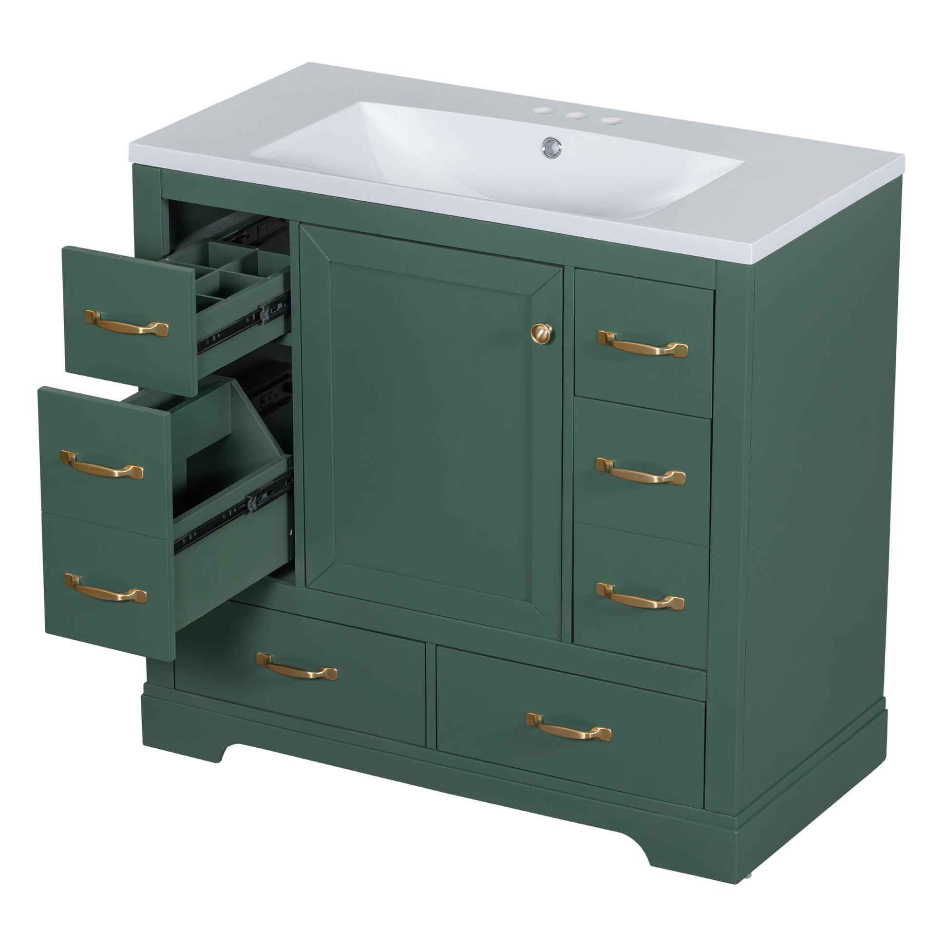 36" Bathroom Vanity With Sink Combo, Six Drawers, Multi Functional Drawer Divider, Adjustable Shelf, Green Green Solid Wood Mdf