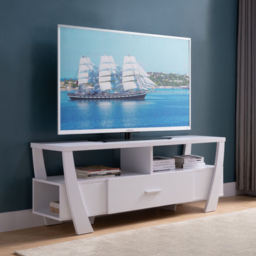 White Tv Stand With Two Shelves, One Drawer, And Side Shelf Modern Entertainment Center For Media Storage White 60 69 Inches Mdf