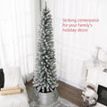 Homcom 7Ft Artificial Pencil Christmas Tree With 405 Snow Flocked Tips, Metal Base, Realistic Xmas Tree Green Plastic