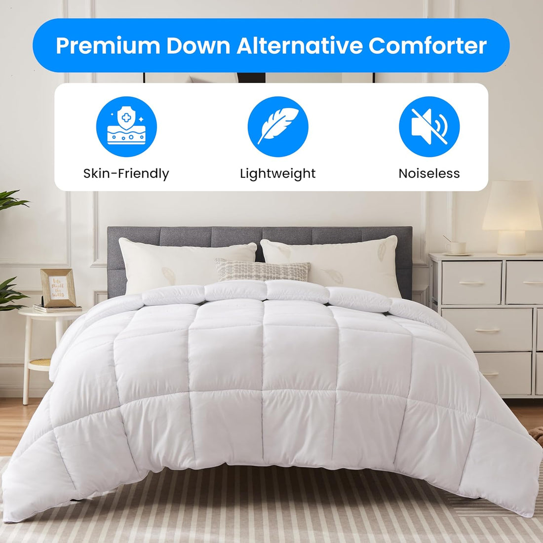 Comforter King Size, All Season Duvet Insert, Quilted Soft Down Alternative Bedding Comforter Reversible With Corner Tabs, Lightweight & Warm Microfiber, Machine Washable, 102"X90" White White