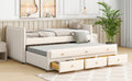 Twin Size Upholstered Daybed With Twin Size Trundle And Drawers, Velvet, Beige Box Spring Not Required Twin Beige Velvet