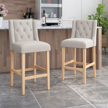 Vienna Contemporary Fabric Tufted Wingback 31 Inch Counter Stools, Set Of 2, Light Grey And Natural Light Grey Natural Fabric