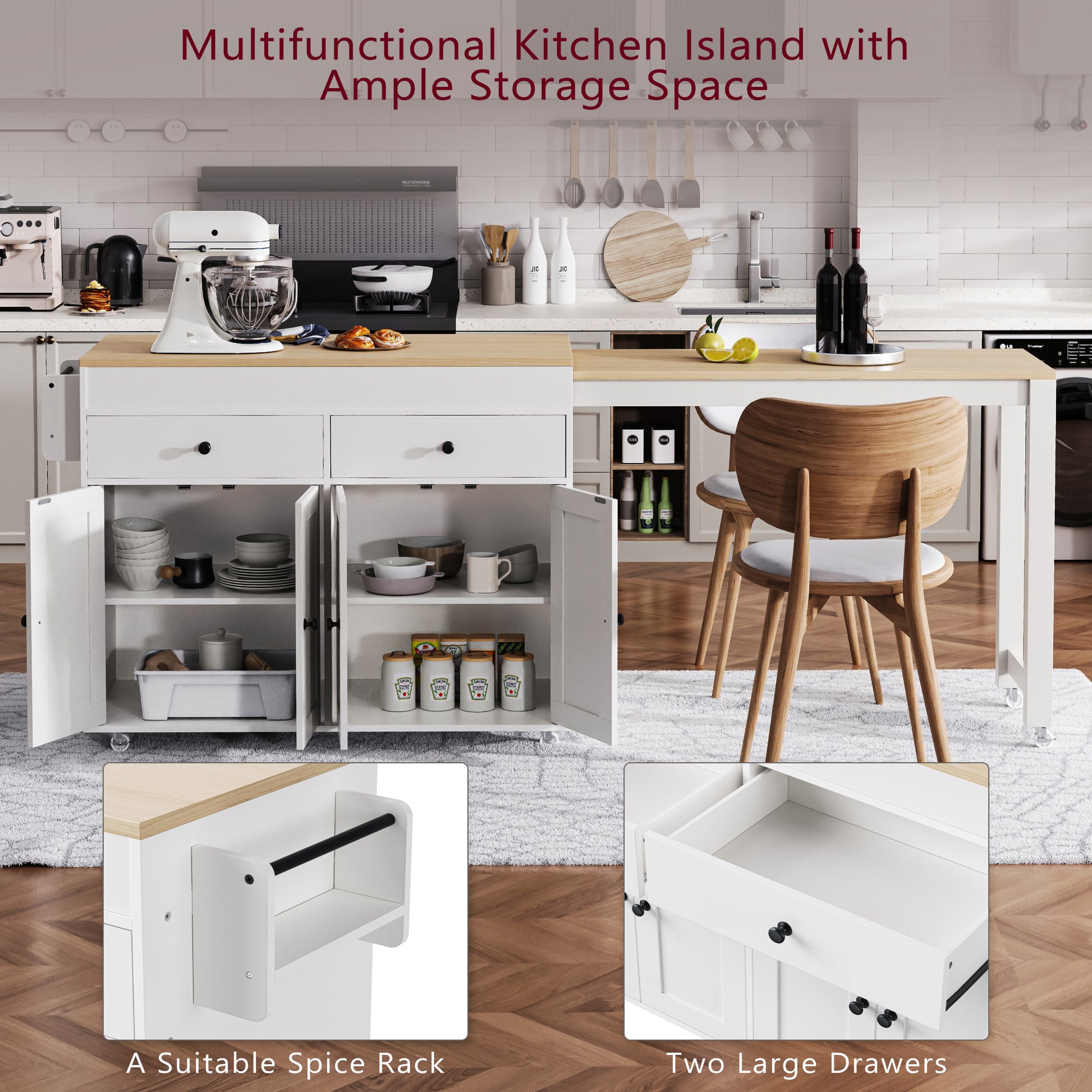 K&K 74.5 Inch Kitchen Island With Extendable Dining Tablerolling Kitchen Island On Wheels With Spice Rack And 2 Drawers, Kitchen Storage Cart With 4 Door Cabinet, For Kitchen, Dining Room, White Off