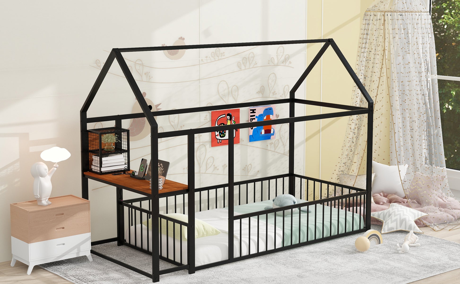 Twin Size Metal Bed House Bed Frame With Desk, Shelves, Power Outlets And Usb Ports, Black Twin Black Metal