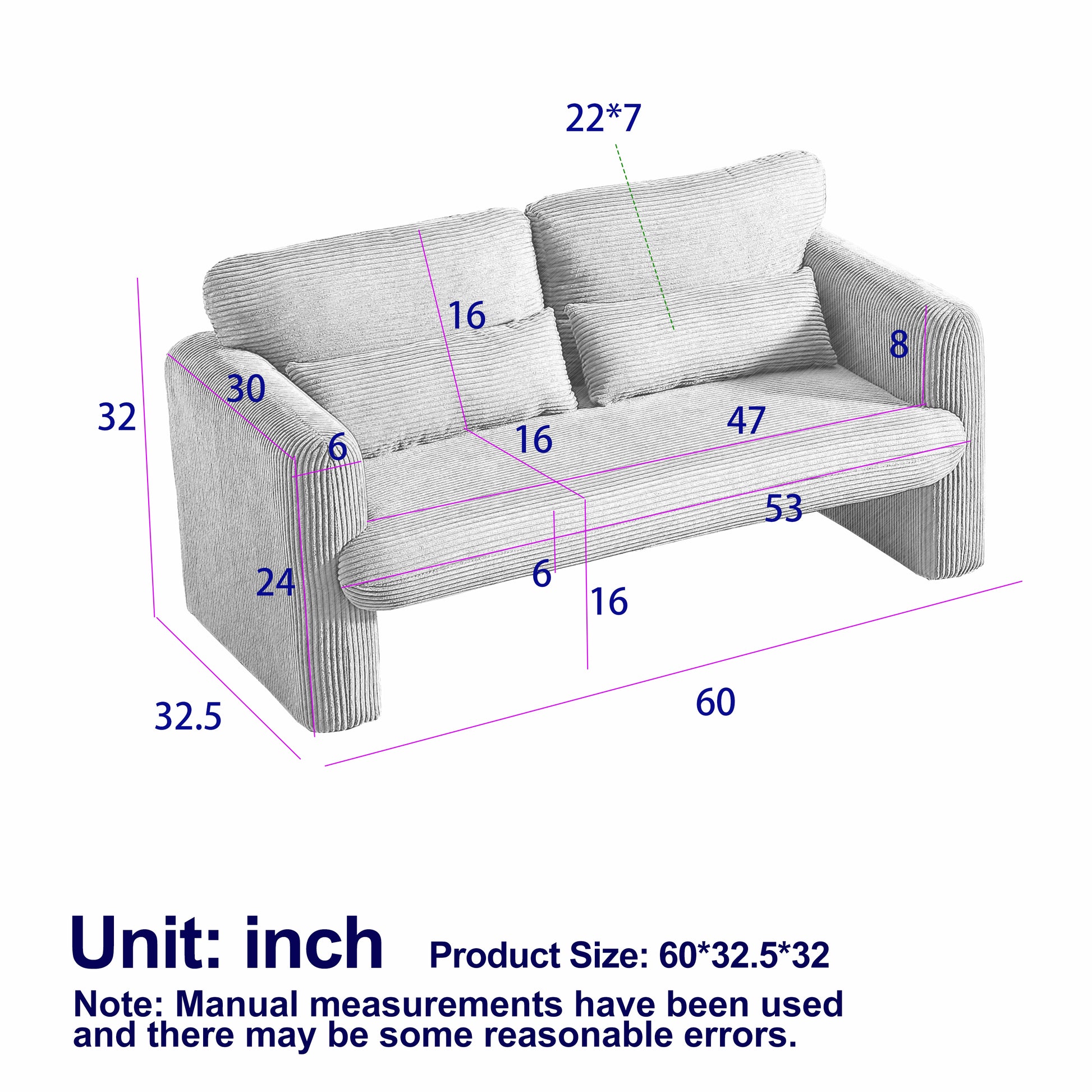 60"Corduroy Fabric Sofa With Two 33" Single Sofa, Modern Sofa With Support Pillow, For Apartment, Office, Living Room & Bedroom Grey Corduroy 4 Seat