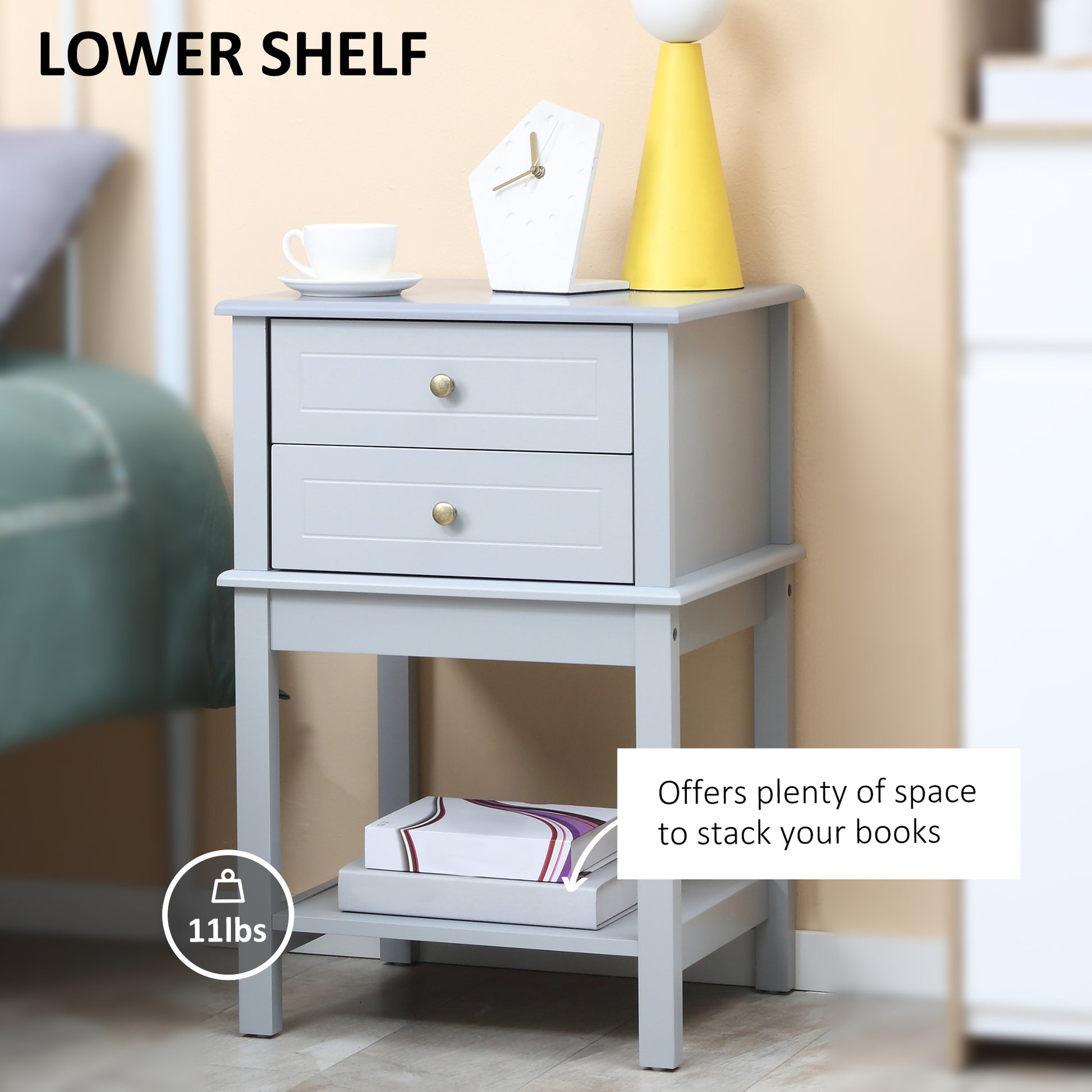 Homcom Side Table With 2 Storage Drawers, Modern End Table With Bottom Shelf For Living Room, Home Office, Light Gray Light Grey Mdf