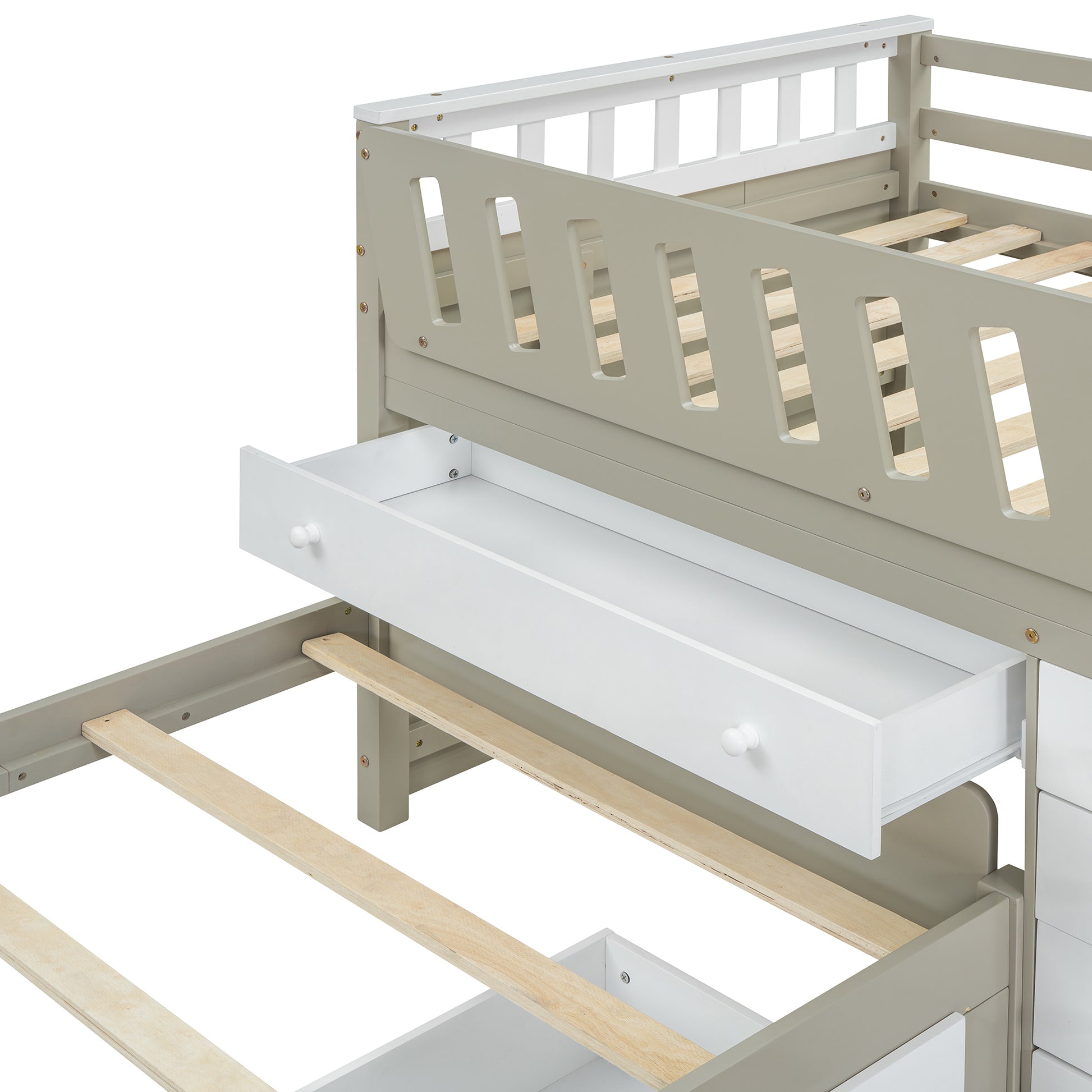 L Shaped Space Saving Twin Loft And Twin Platform Bed With 7 Drawers And Full Guardrails White Light Brown Twin Brown White Solid Wood