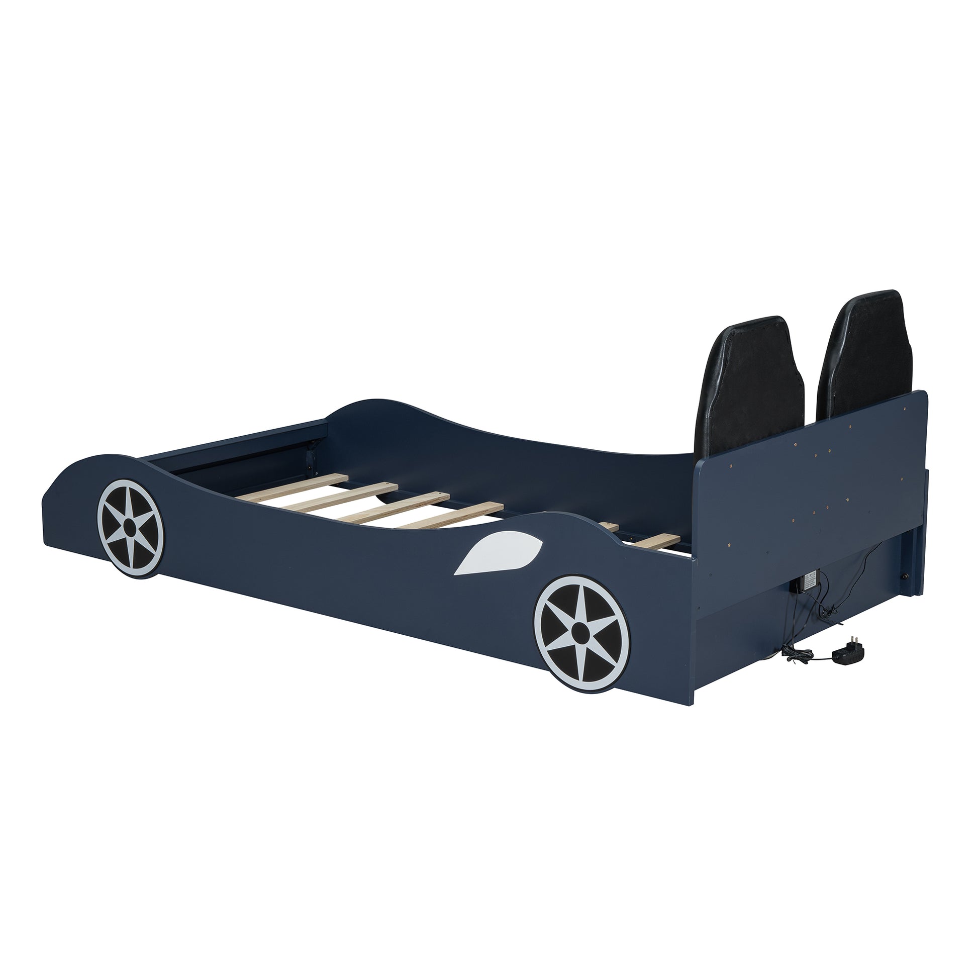 Wood Twin Size Race Car Shaped Platform Bed With Led And Upholstered Backrest, Blue Box Spring Not Required Twin Blue Wood Faux Leather,Solid Wood Mdf