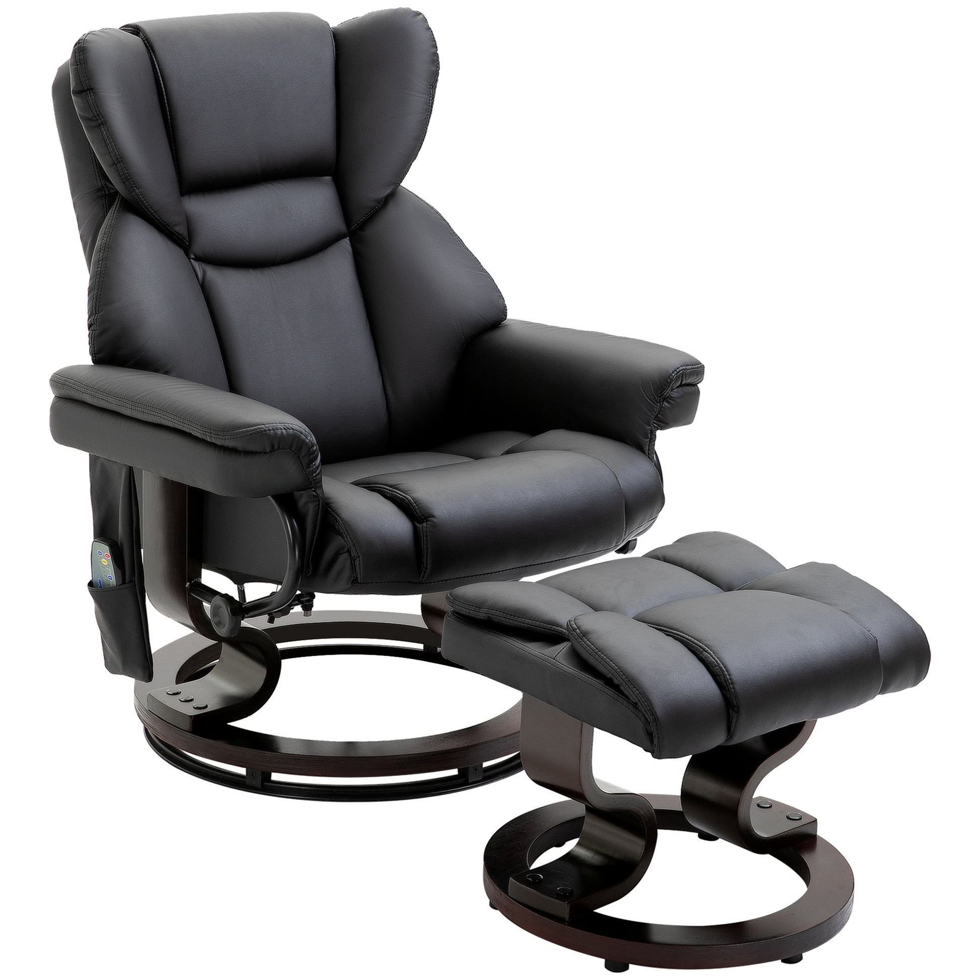 Homcom Massage Recliner Chair With Ottoman Footrest, 10 Vibration Points, 360 Swivel Reclining Chair, Faux Leather Living Room Chair With Side Pocket And Remote Control, Black Black Wood Metal