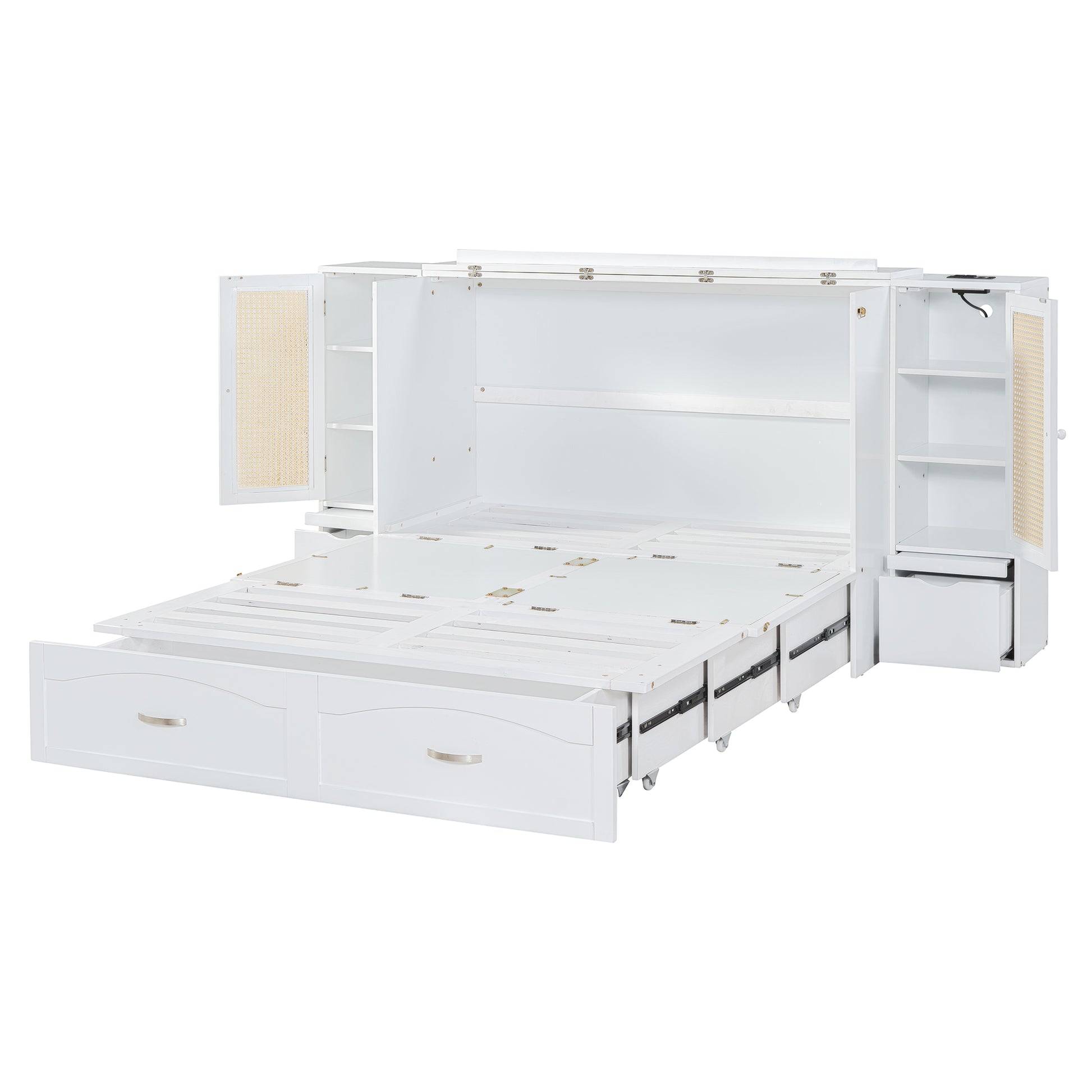 Full Size Murphy Bed Wall Bed With Drawer And Rattan Decoration With 2 Storage Cabinets, One Set Of Sockets & Usb Ports, Pulley Structure Design, White Full White Plywood