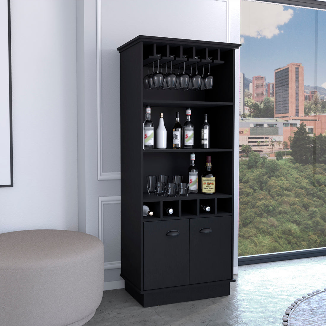 Dundee 70 Inch High 10 Glass Bar Cabinet With 5 Cubbies And 3 Open Shelves And Cabinet Black Primary Living Space Modern Shelves Included Particle Board