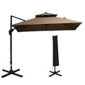 Outsunny 10Ft Offset Patio Umbrella With Base, Double Top Hanging Aluminum Cantilever Umbrella With 360 Degree Rotation, Easy Tilt, 8 Ribs, Crank, Cross Base, Cover, Strap, Coffee Coffee Steel