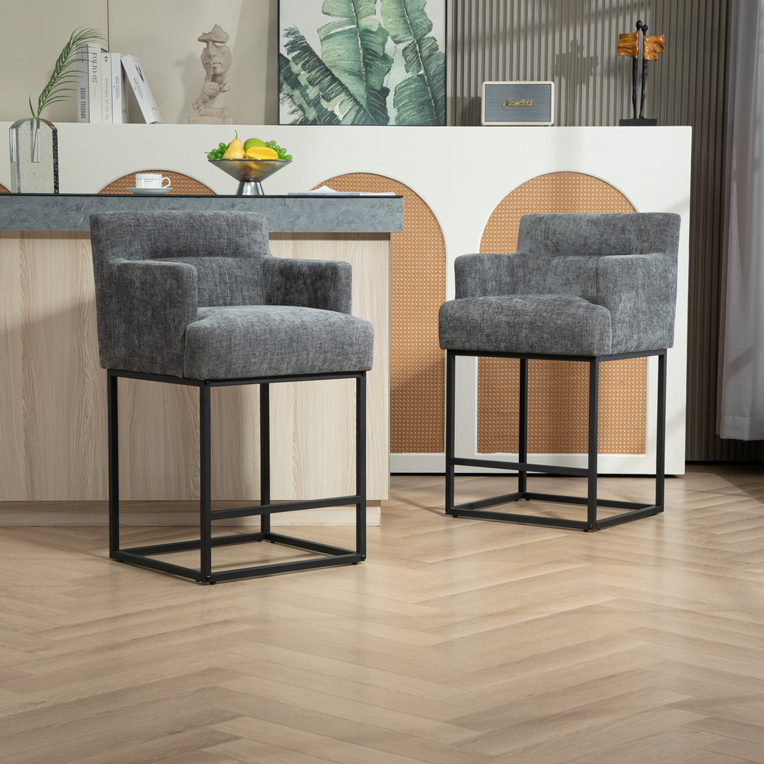 Coolmore Counter Height Bar Stools Set Of 2, Modern Barrel Bar Stool With Backrest And Arms, Black Metal Frames, Upholstered Bar Stools For Kitchen Island, Pub, Club Gray Foam Chenille
