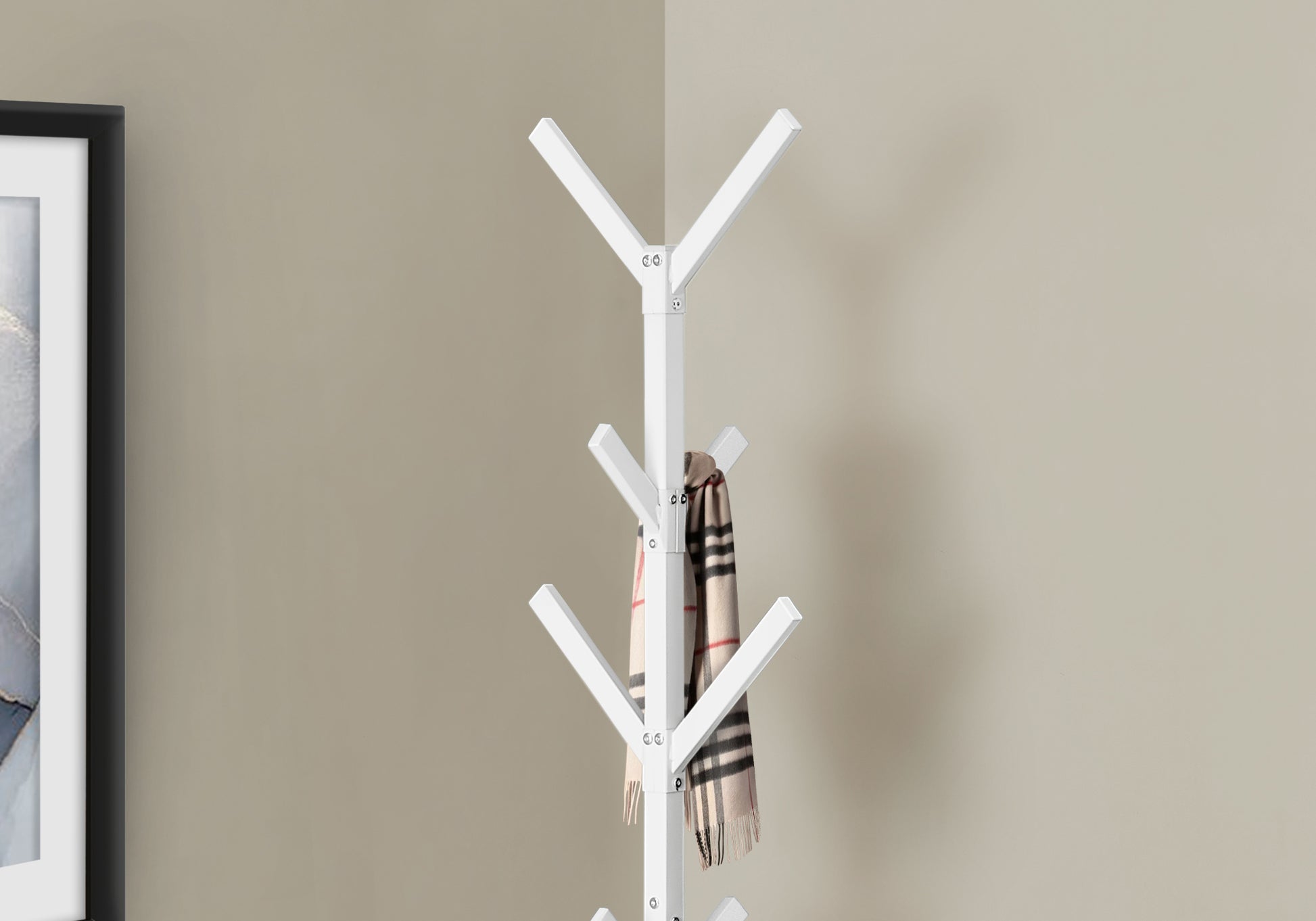 Coat Rack, Hall Tree, Free Standing, 8 Hooks, Entryway, 70"H, Bedroom, White Metal, Contemporary, Modern White Metal