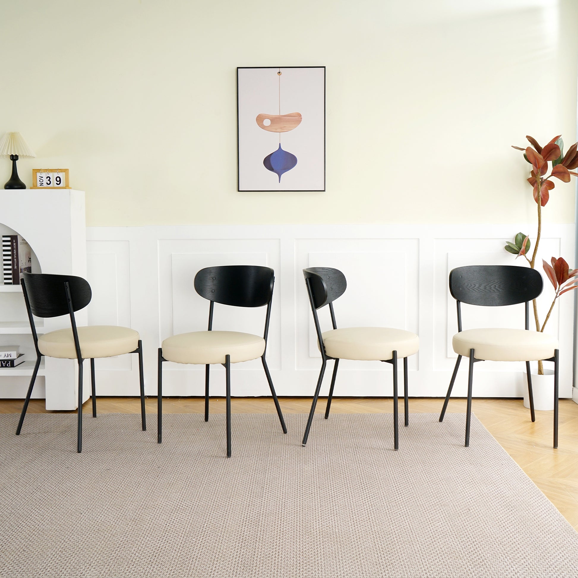 Modern Grey Simple Pu Dining Chair Upholstered Chair Family Bedroom Stool Back Dressing, Black Round Table Set, Bentwood Covered With Ash Veneer Chair Back, Chair Black Metal Legs Set Of 5 Black Mdf