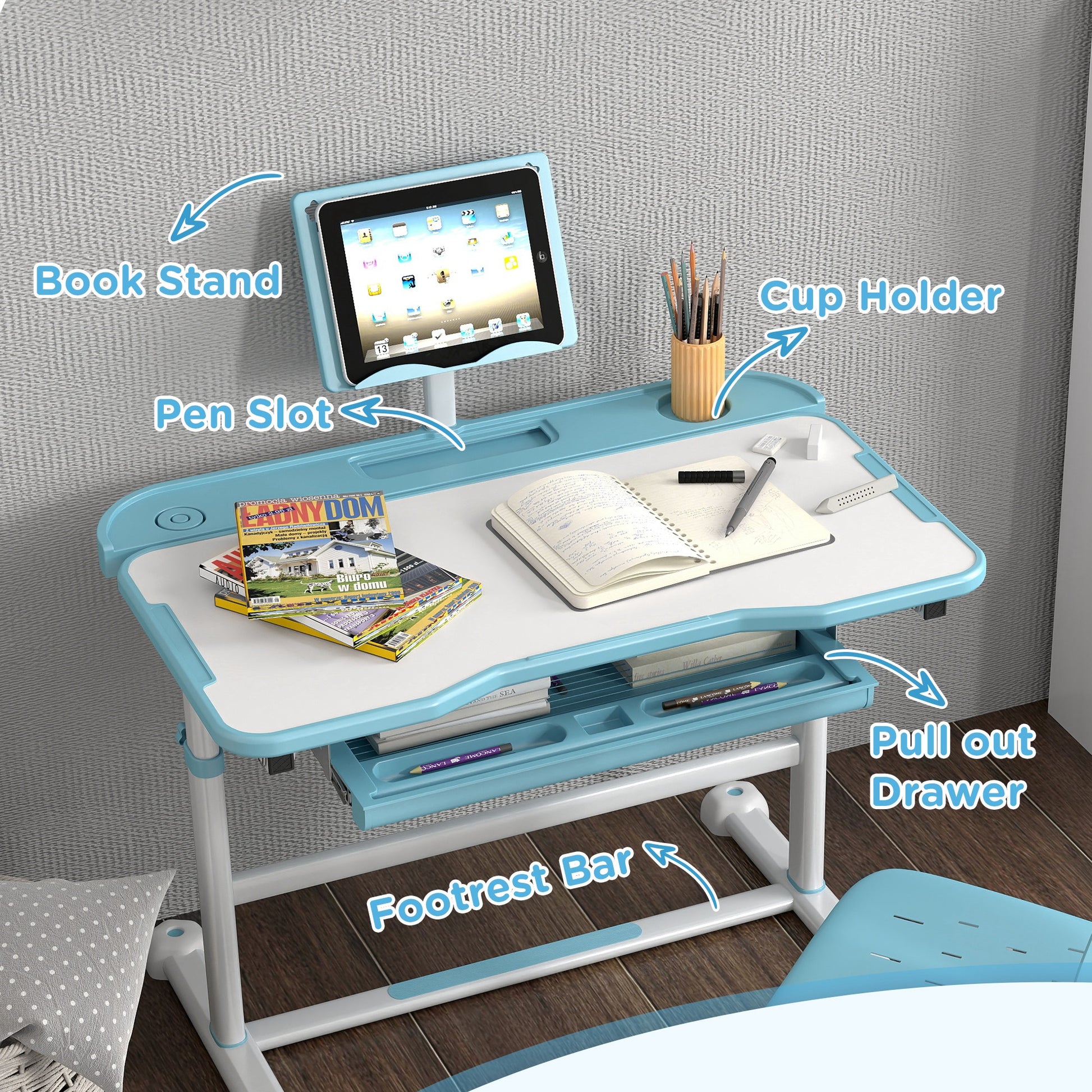 Qaba Kids Desk And Chair Set, Height Adjustable Kids School Study Desk And Chair Set With Tilt Desktop, Storage Drawer & Book Stand For Writing, Reading And Drawing, Blue Blue Plastic