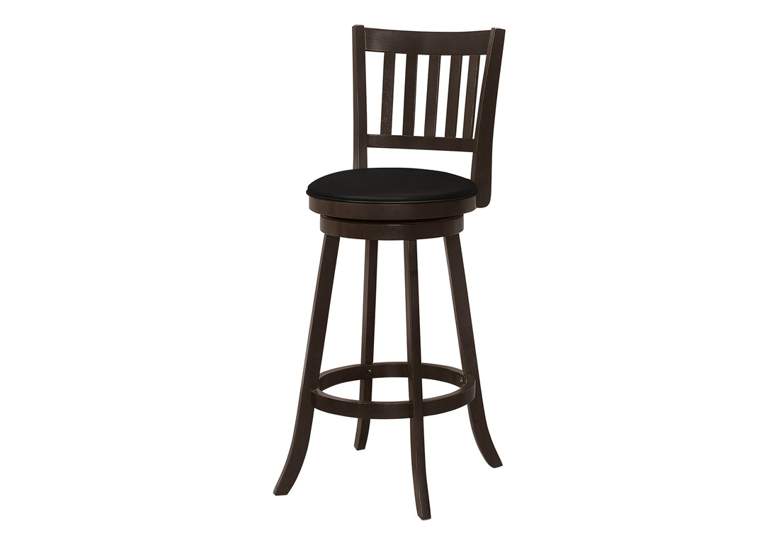 Bar Stool, Set Of 2, Swivel, Bar Height, Brown Wood, Black Leather Look, Transitional Espresso Foam Solid Wood