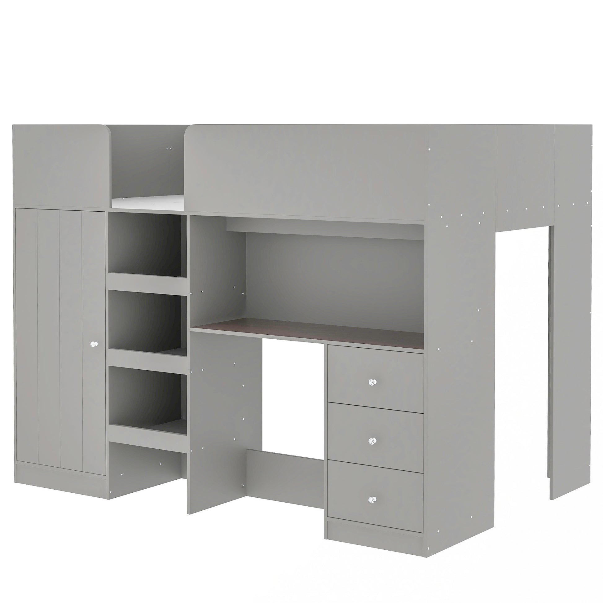 Wood Full Size Loft Bed With Built In Wardrobe, Desk, Storage Shelves And Drawers, Grey Box Spring Not Required Full Grey Wood Bedroom Bed Frame Solid Wood Mdf