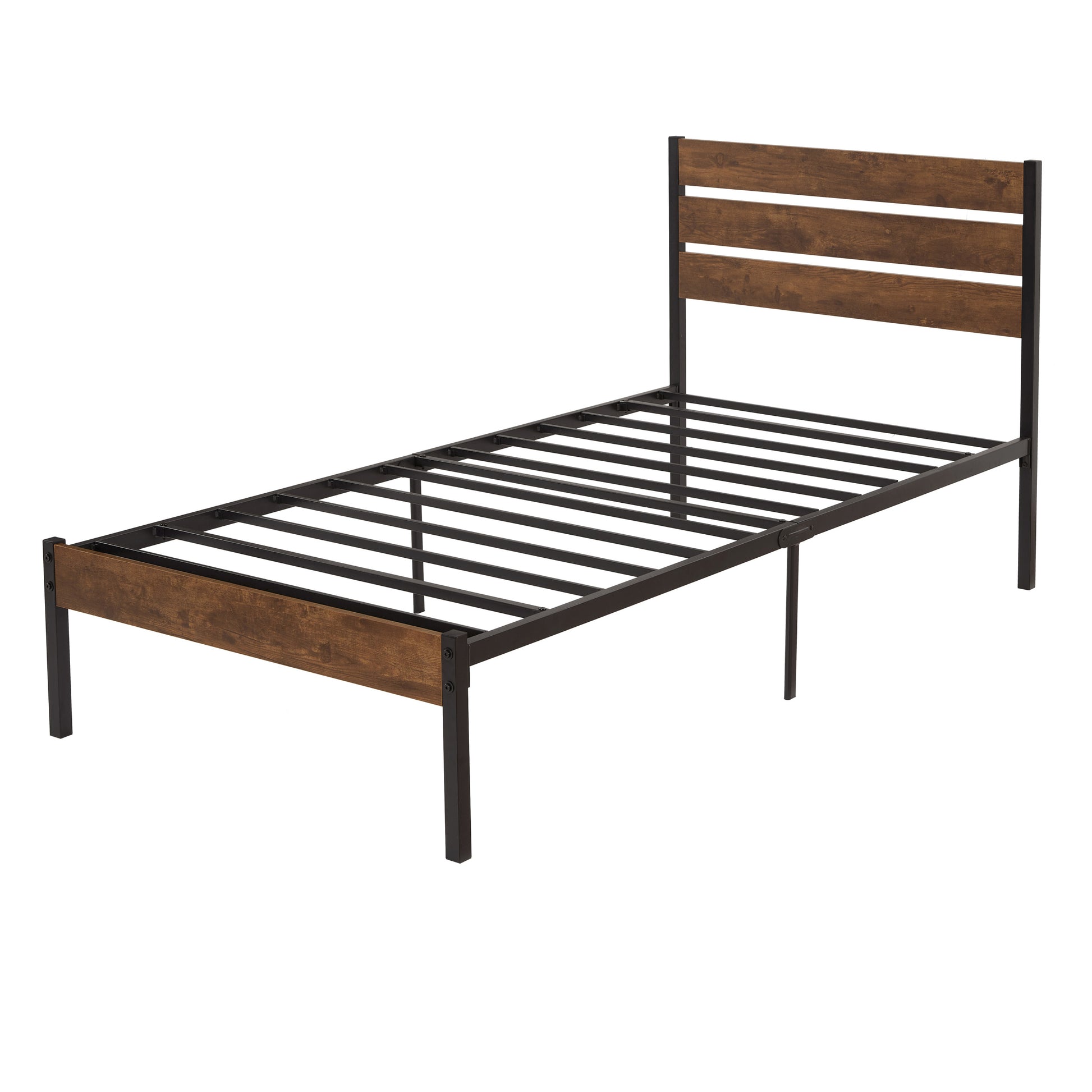 Twin Size Bed Frame With Wood Headboard, Metal Frame With Strong Slats, Noise Free,No Box Spring Needed Brown Twin Brown Metal & Wood