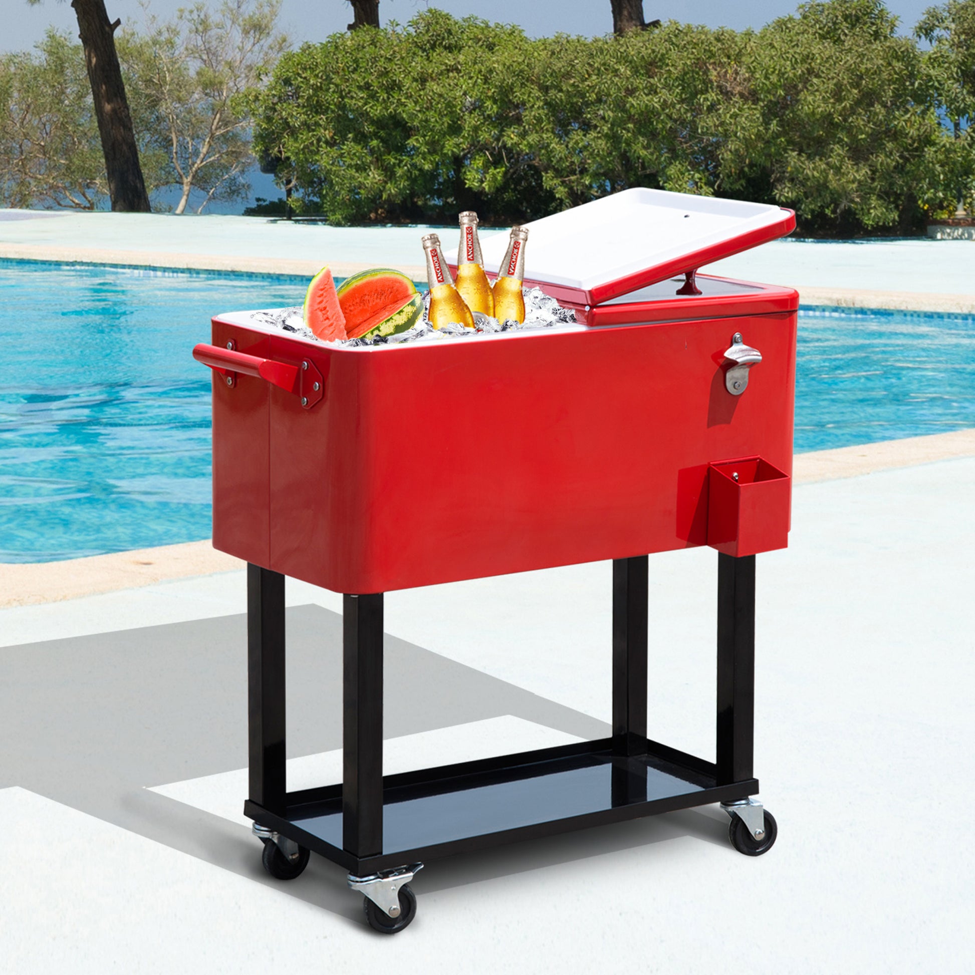 Outsunny 80 Qt Rolling Cooling Bins Ice Chest On Wheels Outdoor Stand Up Drink Cooler Cart For Party, Red Red Plastic