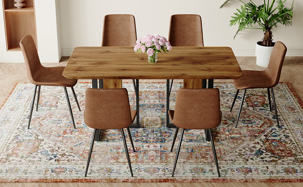 Table And Chair Set.67"X36" Wood Textured Mdf Dining Table Set With 6 Brown Suede Chairs.Mdf Sticker,Wood Colored Texture Sticker,Brown Armless Dining Chair,Suitable For Kitchen,Dining Room,Etc.