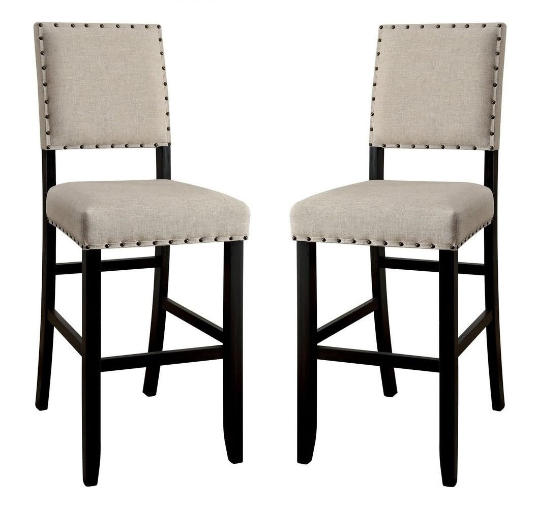 Rustic Charm Ivory Linen Like Fabric 2Pcs Counter Height Bar Chairs Kitchen Furniture Trim Antique Black Bold Distressed Details Wood Ivory Black Dining Room Industrial,Transitional Bar Stools Set Of 2 Solid Wood